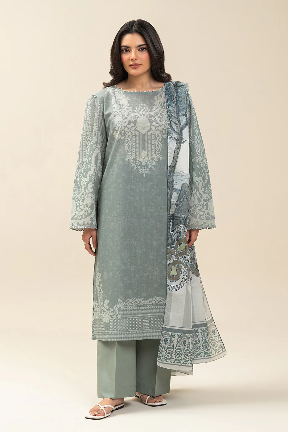 3 PIECE PRINTED LAWN SUIT-SAGE GIN (UNSTITCHED) - Image 2