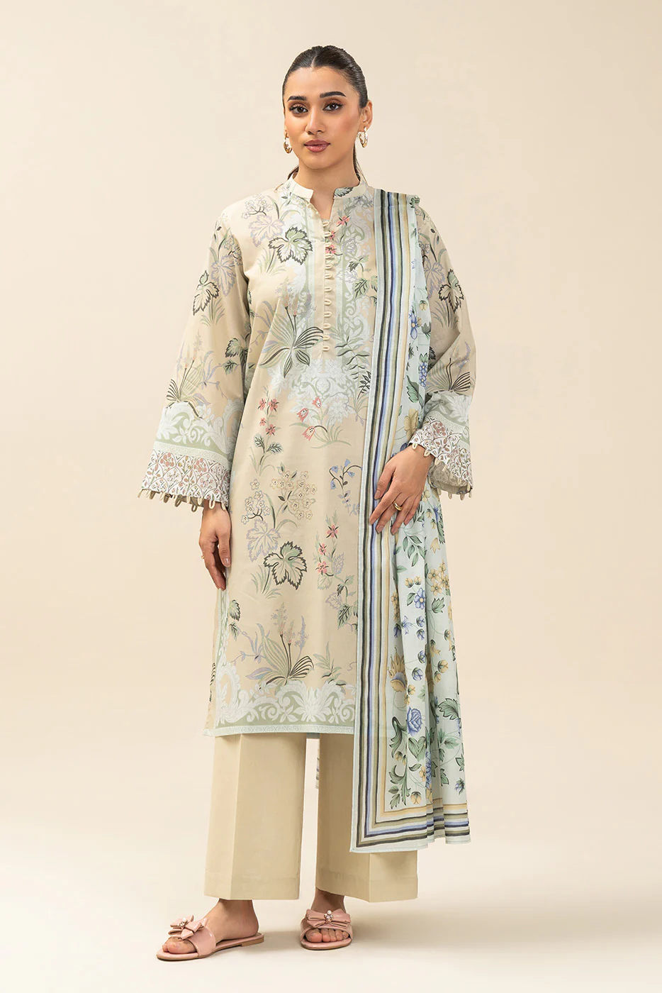 3 PIECE PRINTED LAWN SUIT-LEMON CRÈME (UNSTITCHED) - Image 4