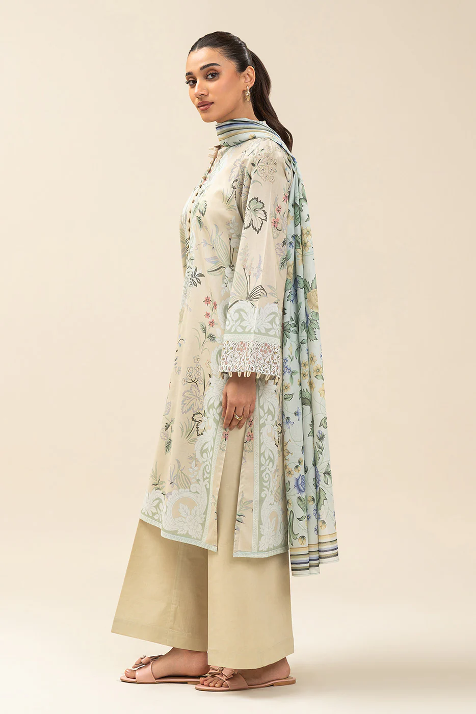 3 PIECE PRINTED LAWN SUIT-LEMON CRÈME (UNSTITCHED) - Image 5