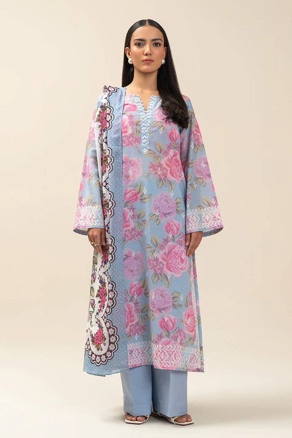 3 PIECE PRINTED LAWN SUIT-ROSETTE HEM (UNSTITCHED) - Image 2