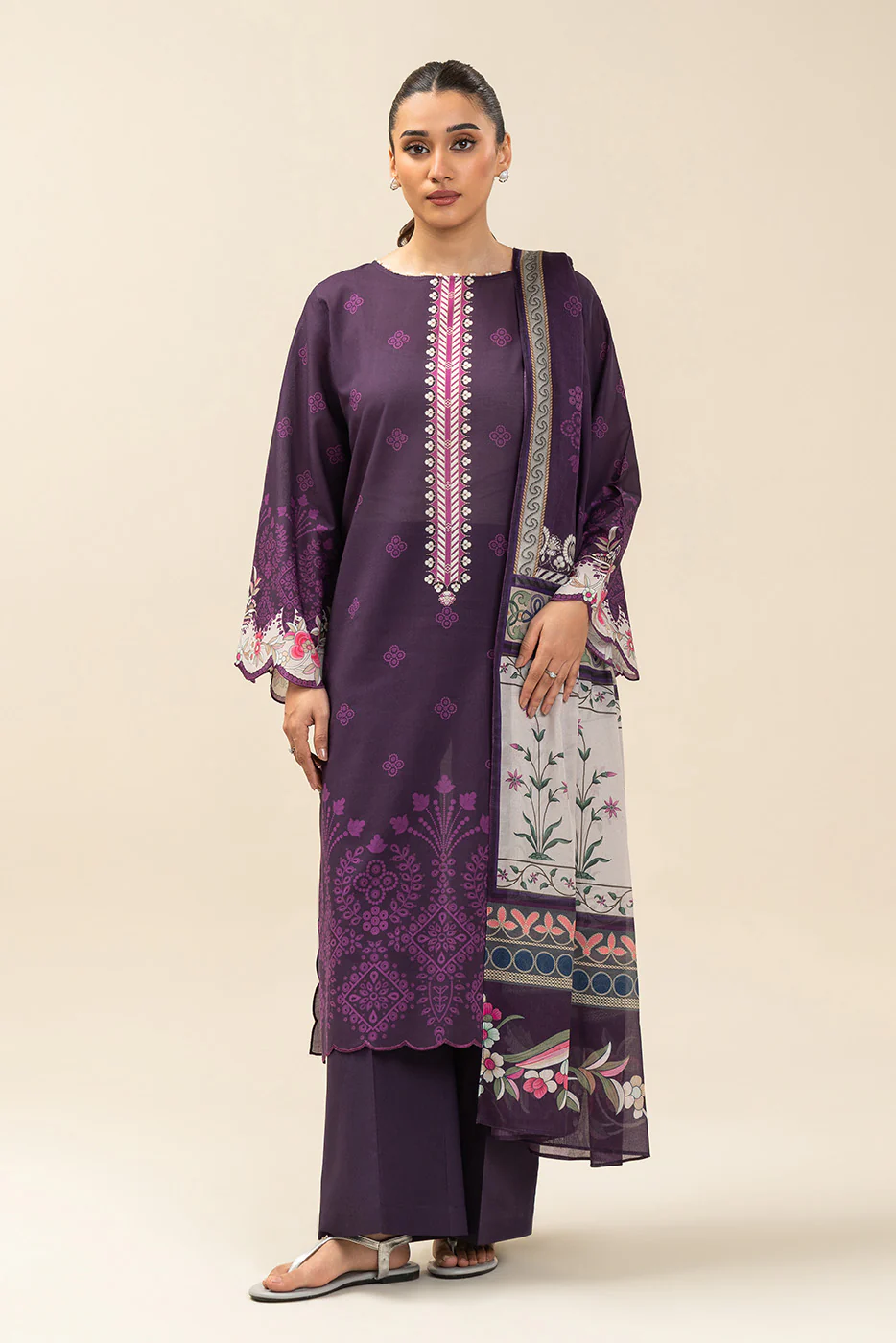 3 PIECE PRINTED LAWN SUIT-PLUM NOIR (UNSTITCHED) - Image 2