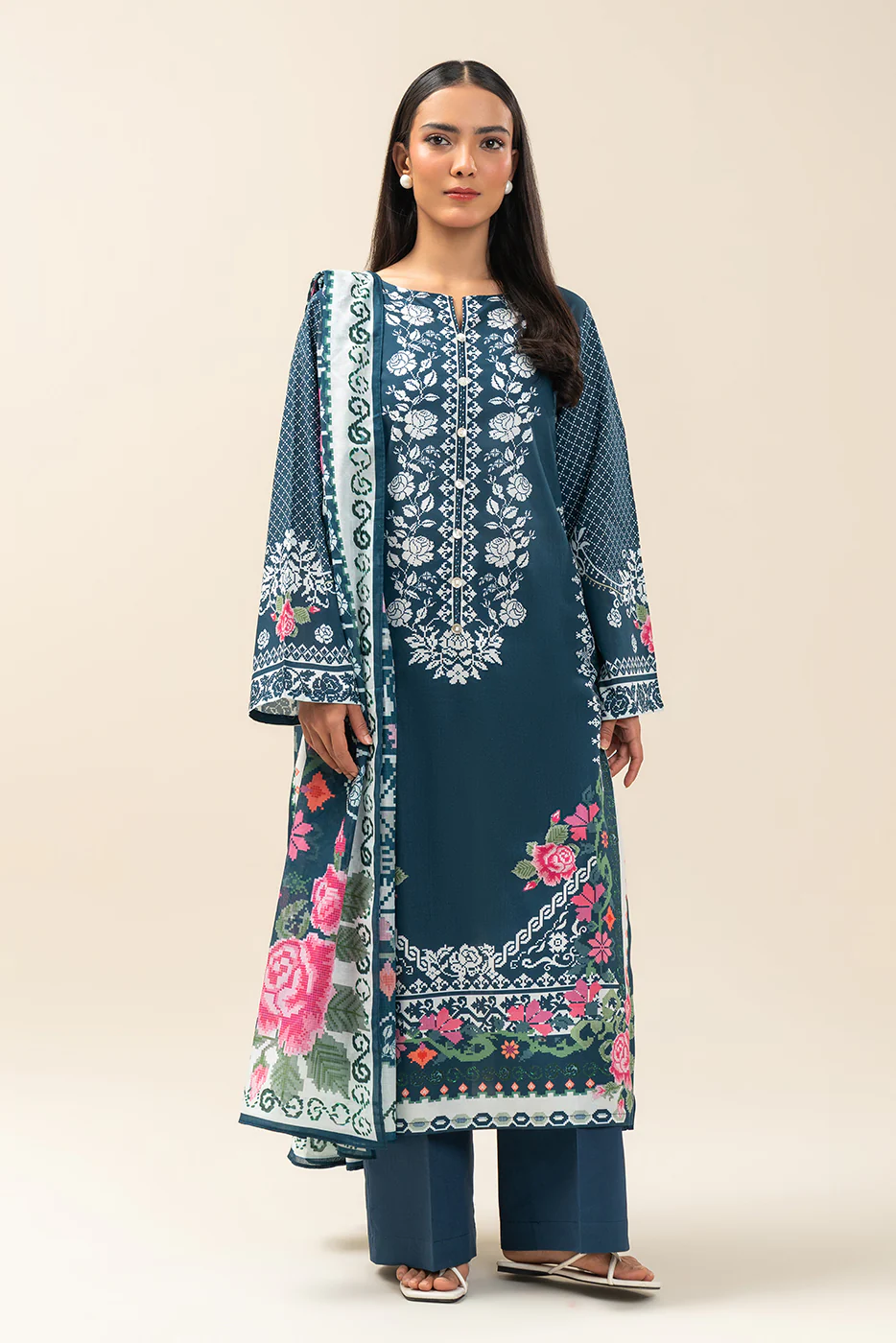 3 PIECE PRINTED LAWN SUIT-AEGEAN BLUE (UNSTITCHED) - Image 4