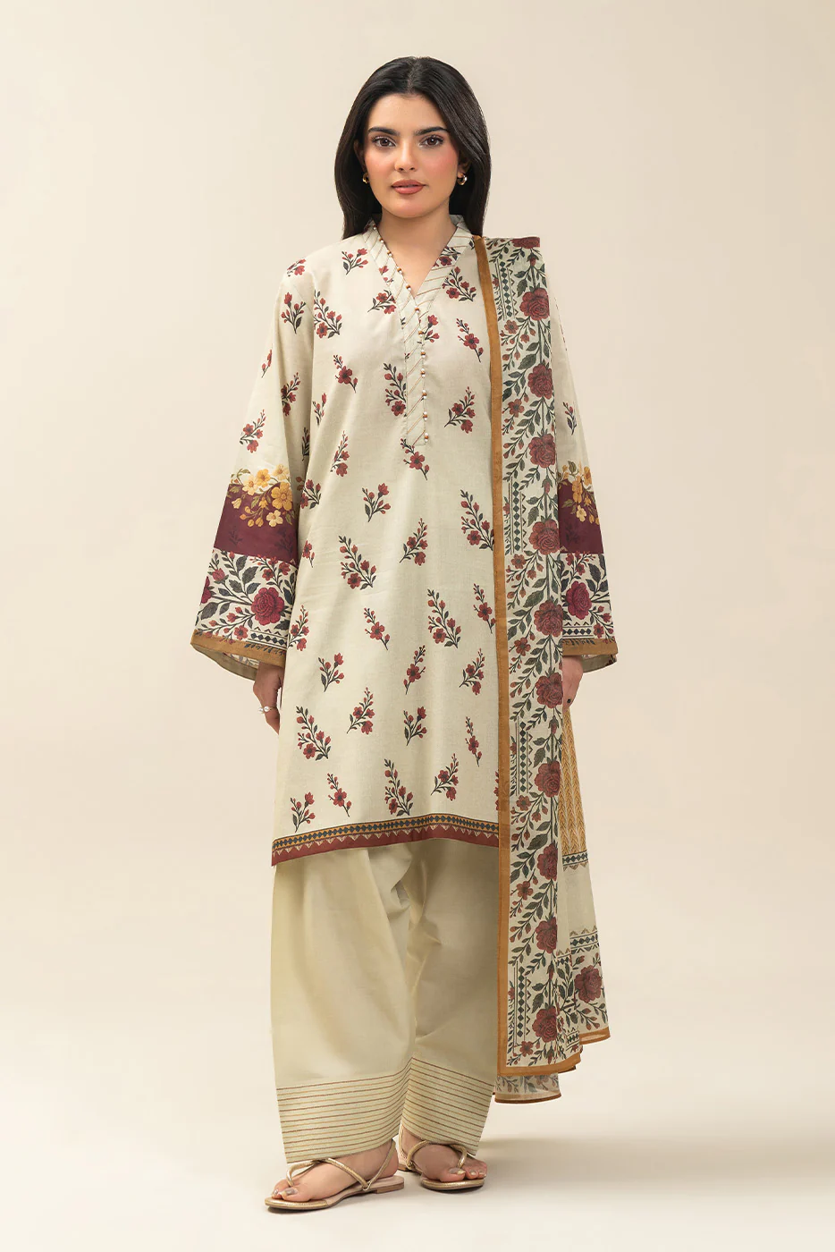 3 PIECE PRINTED LAWN SUIT-SMOKE ROSE (UNSTITCHED) - Image 2