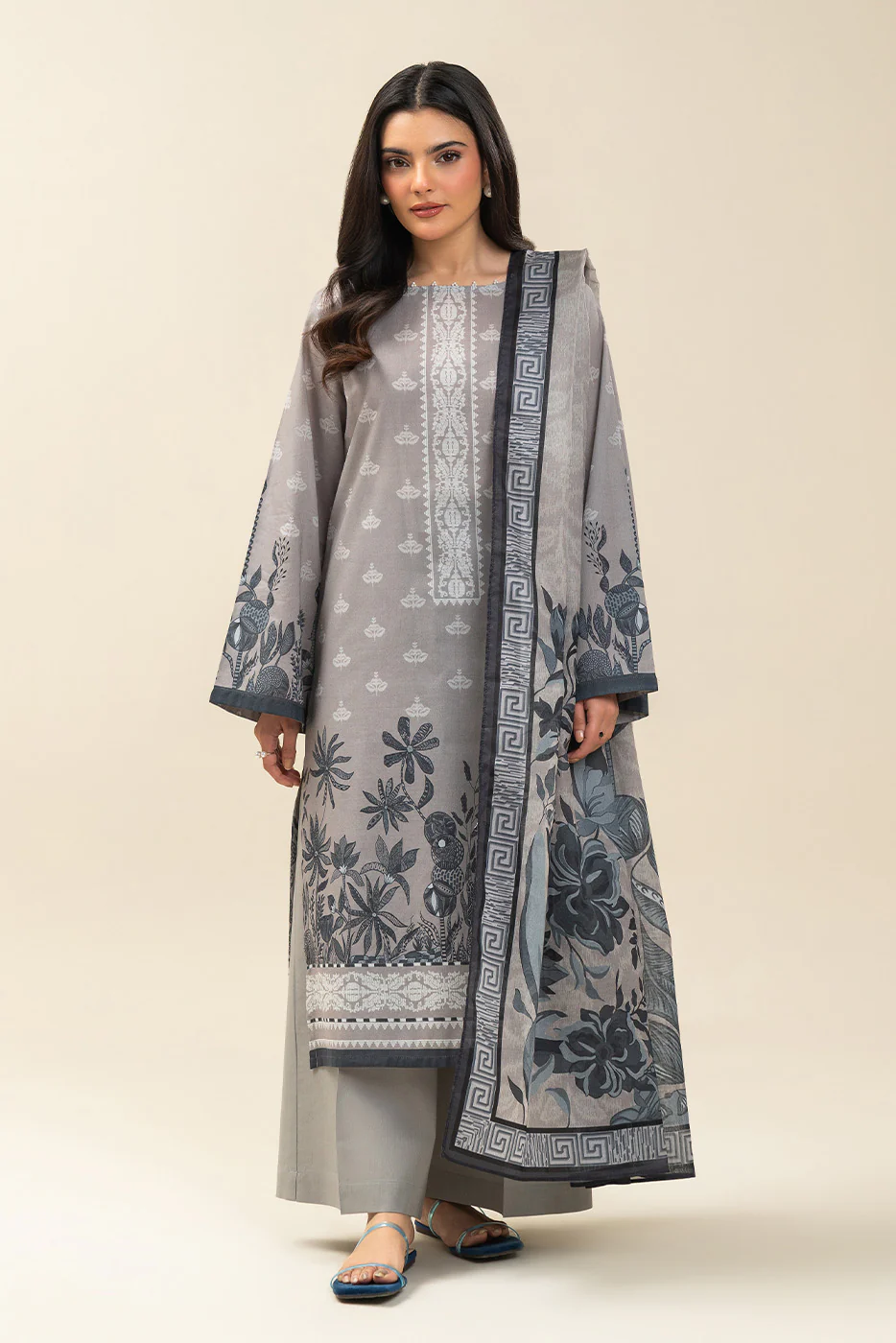 3 PIECE PRINTED LAWN SUIT-CONCRETE STRUCTURE (UNSTITCHED) - Image 2