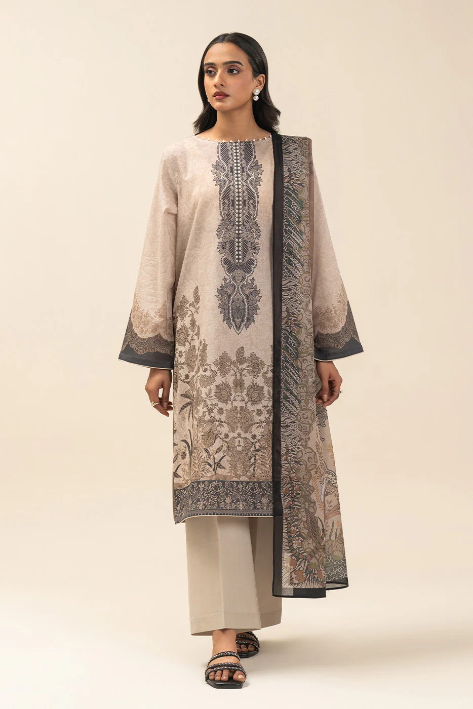 3 PIECE PRINTED LAWN SUIT-COFFEE FOREST (UNSTITCHED) - Image 2