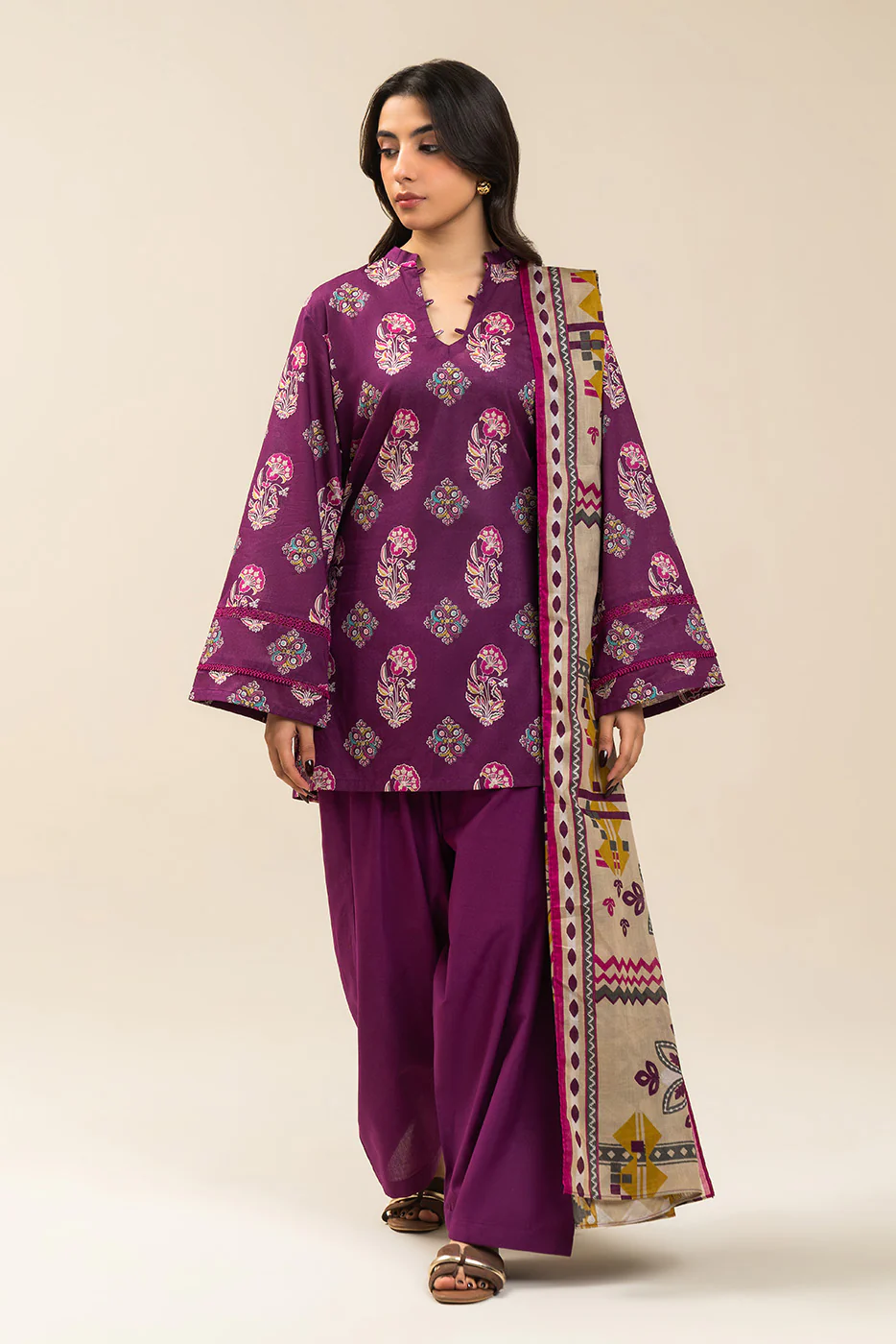 3 PIECE PRINTED LAWN SUIT-PLUM WHISPER (UNSTITCHED) - Image 2