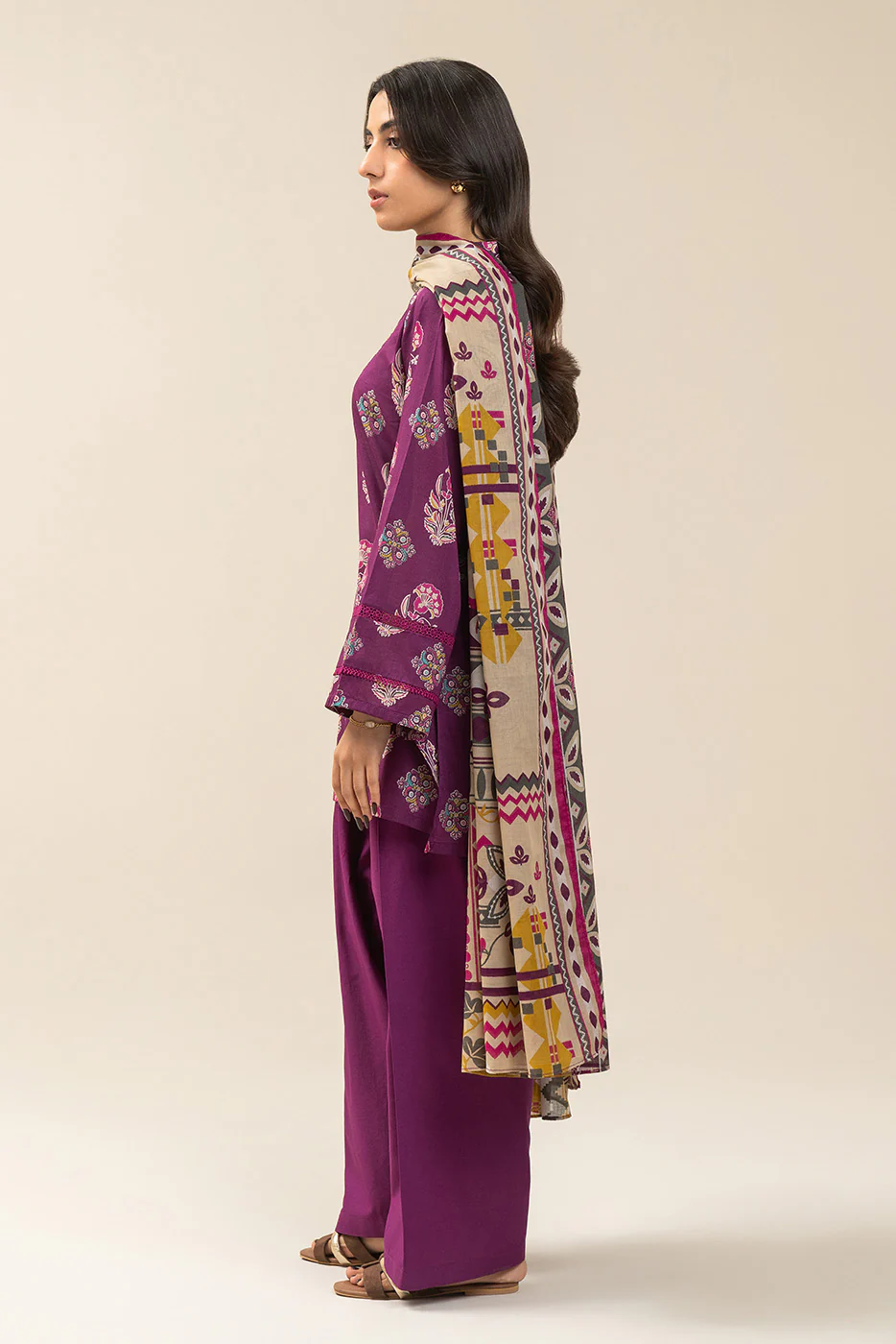 3 PIECE PRINTED LAWN SUIT-PLUM WHISPER (UNSTITCHED) - Image 3