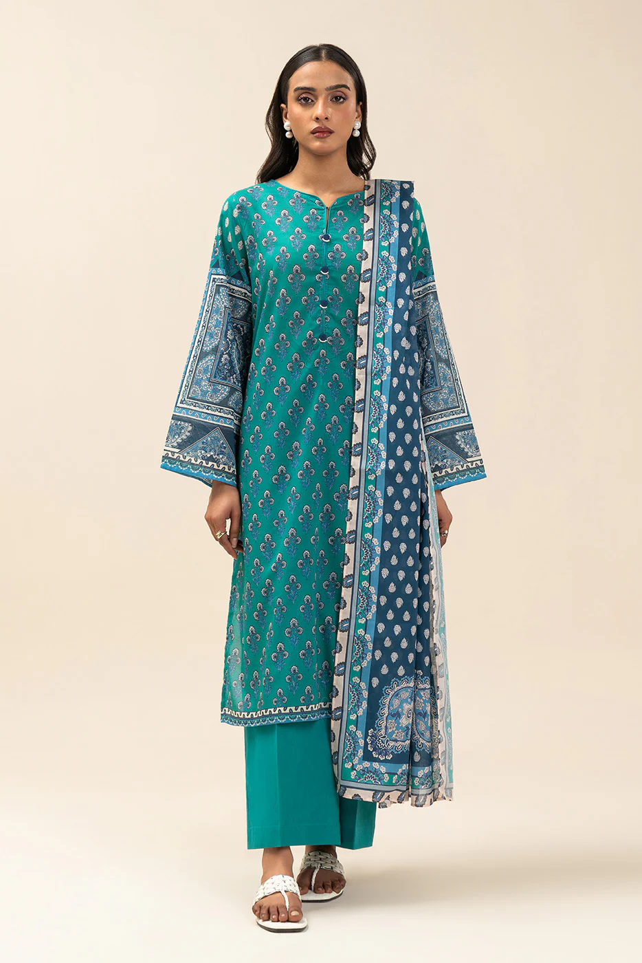 3 PIECE PRINTED LAWN SUIT-GYPSY TEAL (UNSTITCHED) - Image 2
