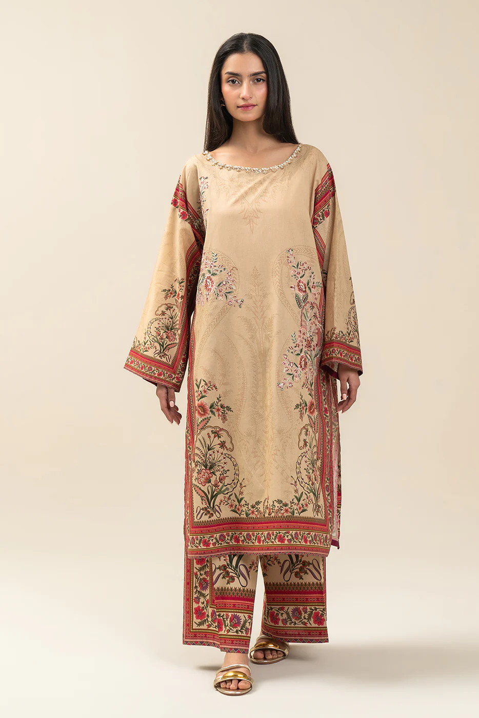 2 PIECE EMBROIDERED LAWN SUIT-SAND PUFF (UNSTITCHED) - Image 2