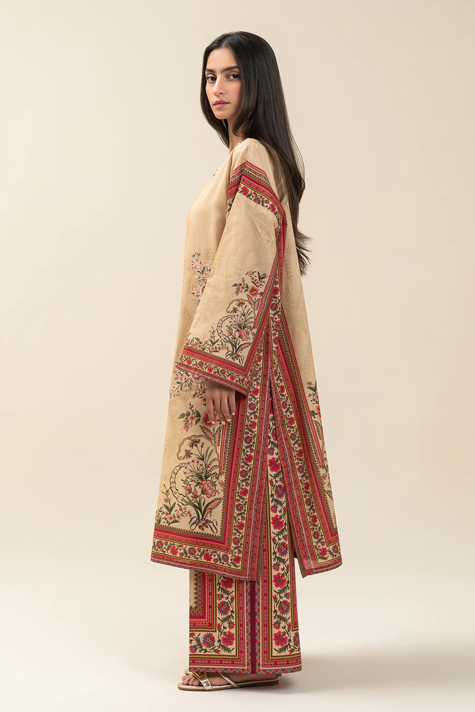 2 PIECE EMBROIDERED LAWN SUIT-SAND PUFF (UNSTITCHED) - Image 3
