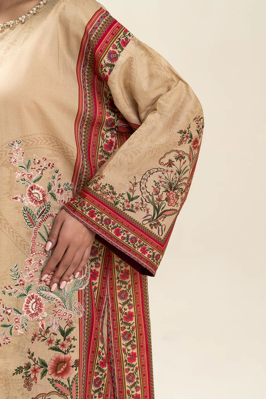 2 PIECE EMBROIDERED LAWN SUIT-SAND PUFF (UNSTITCHED) - Image 6