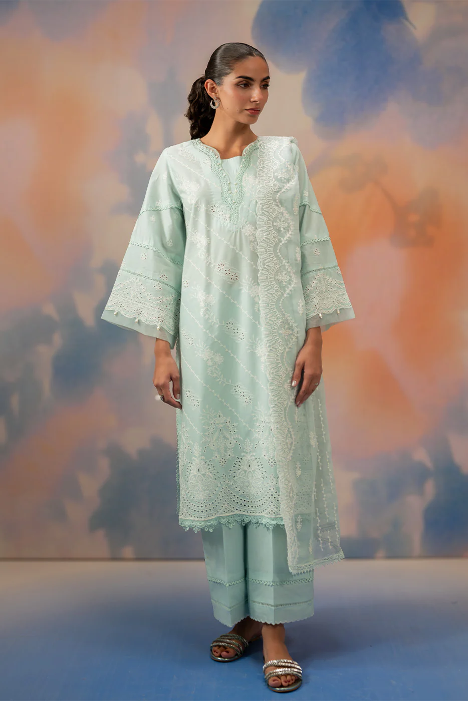 3 PIECE EMBROIDERED CHIKANKARI SUIT WITH BAMBER DUPATTA-AZURE MIST (UNSTITCHED) - Image 3