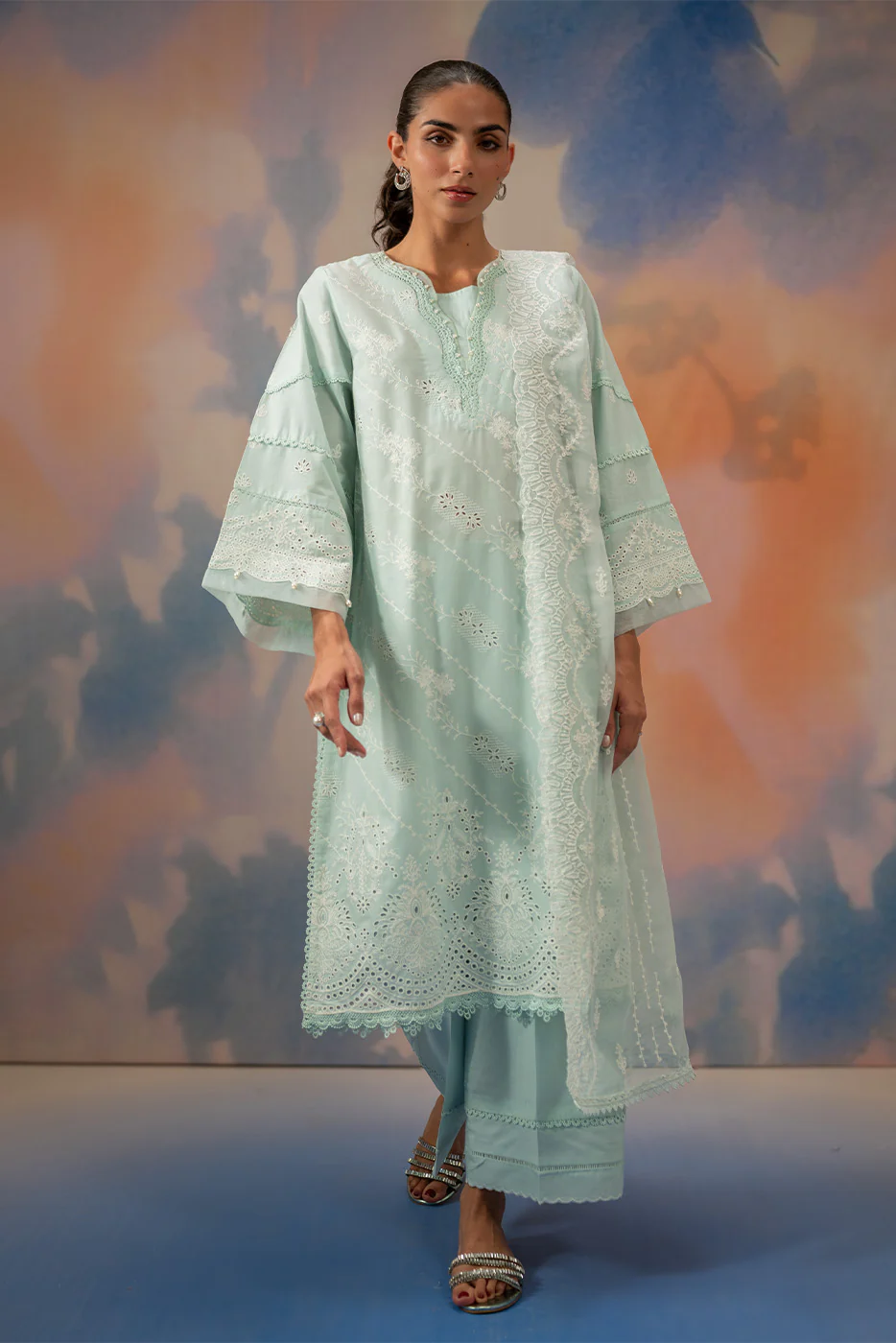 3 PIECE EMBROIDERED CHIKANKARI SUIT WITH BAMBER DUPATTA-AZURE MIST (UNSTITCHED) - Image 4