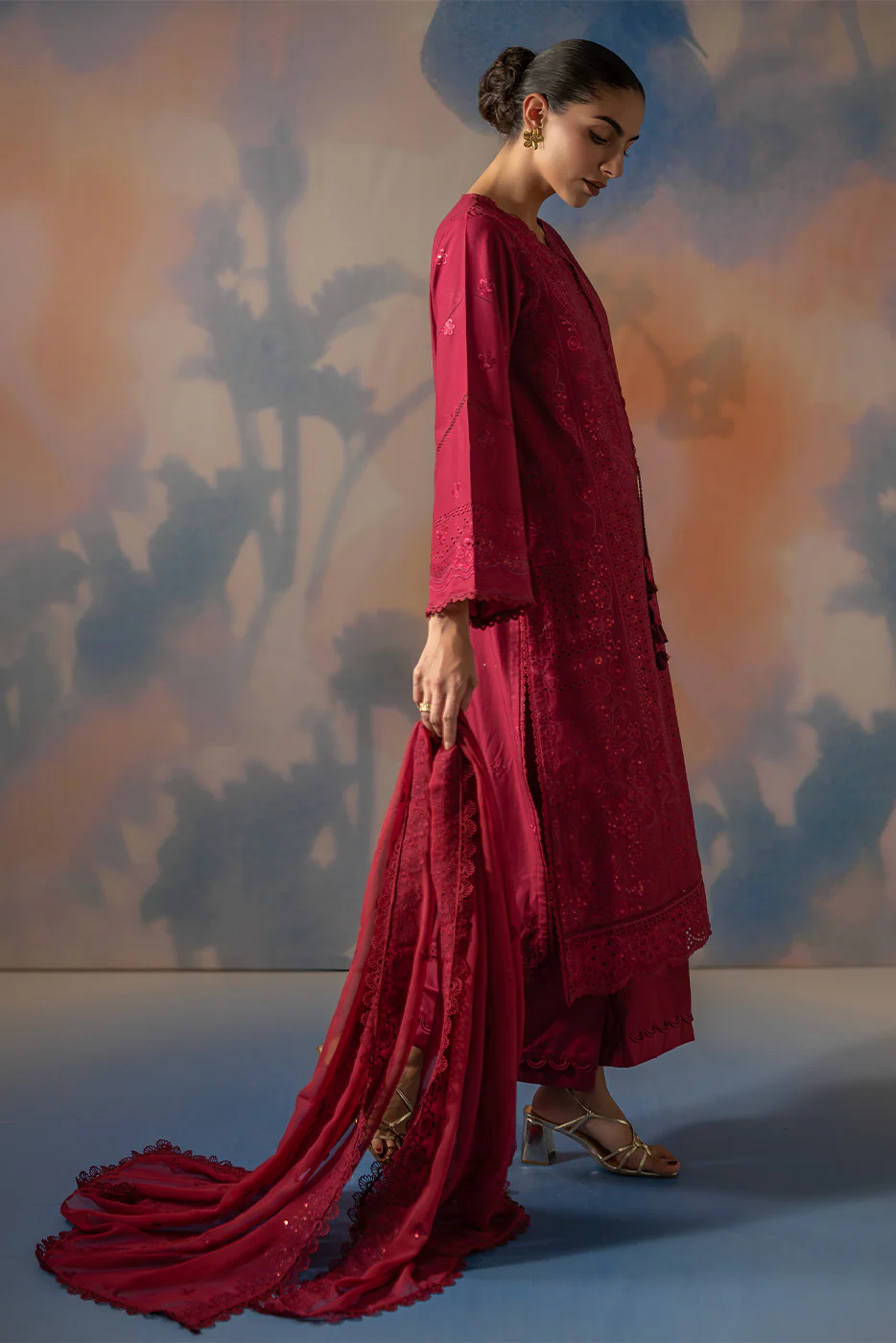 3 PIECE EMBROIDERED CHIKANKARI SUIT WITH BAMBER DUPATTA-CRIMSON CORE (UNSTITCHED) - Image 5