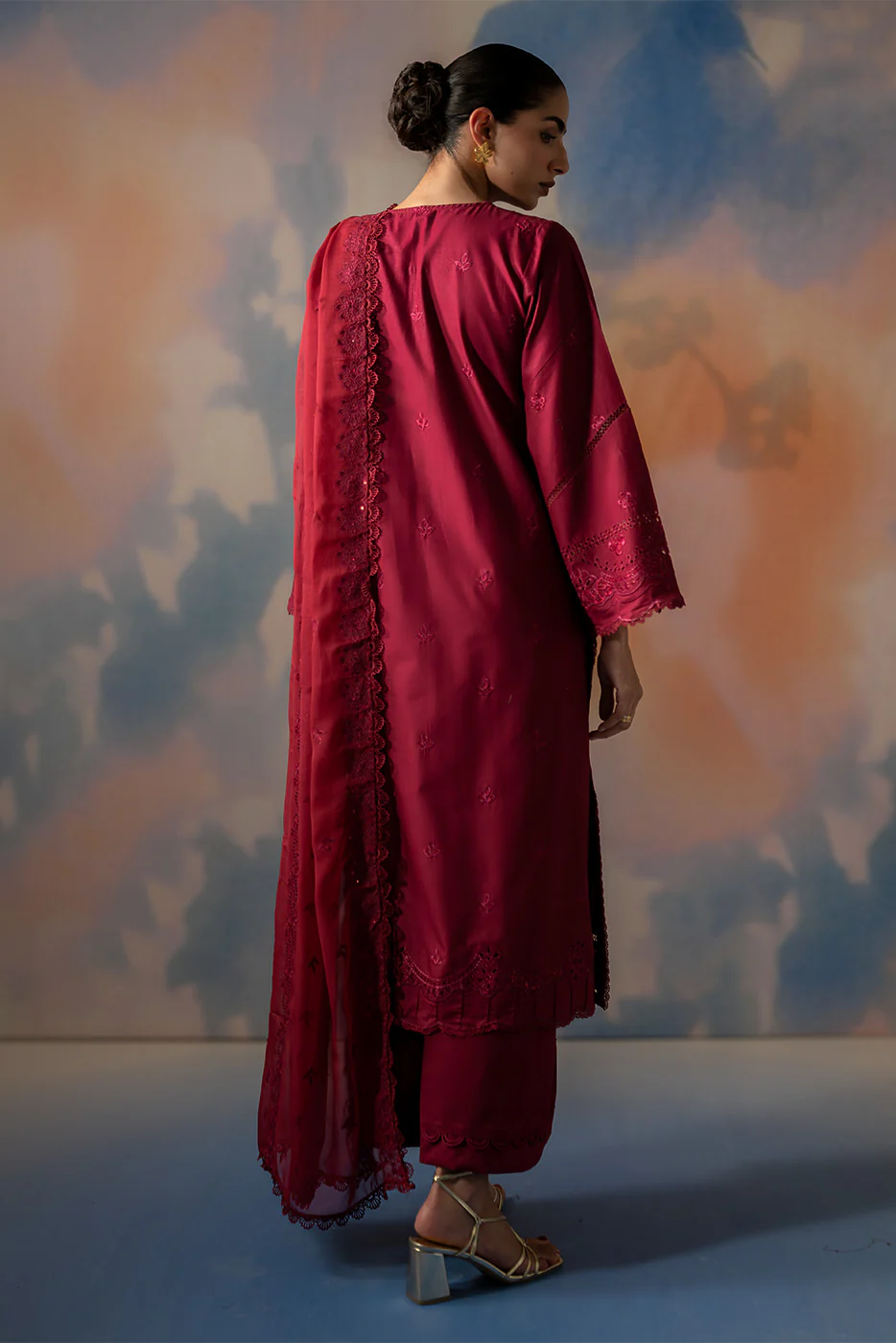 3 PIECE EMBROIDERED CHIKANKARI SUIT WITH BAMBER DUPATTA-CRIMSON CORE (UNSTITCHED) - Image 6