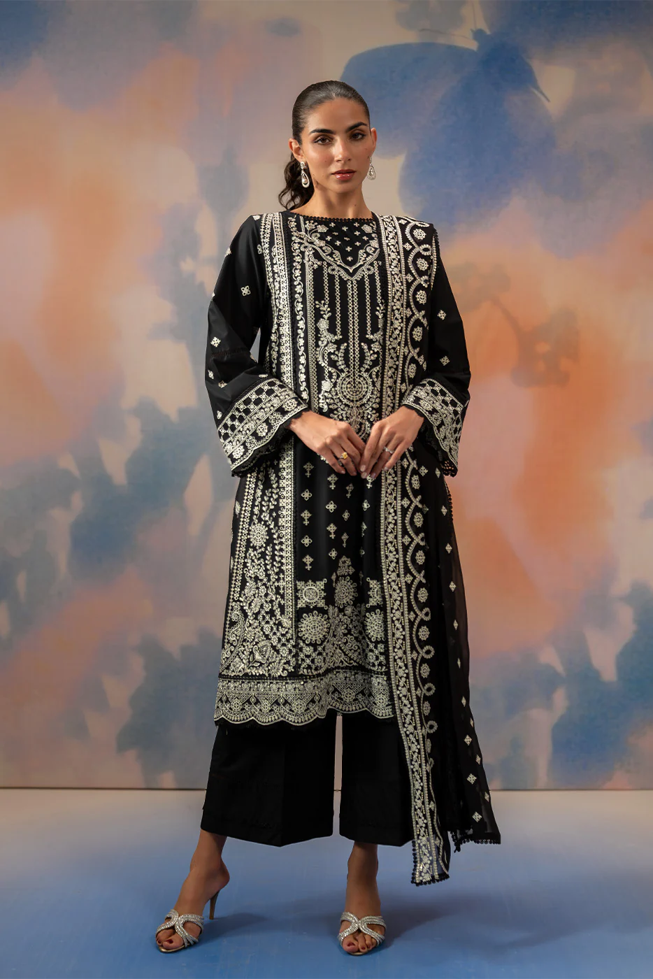 3 PIECE EMBROIDERED CHIKANKARI SUIT WITH BAMBER DUPATTA-NOIR STARLIT (UNSTITCHED) - Image 3
