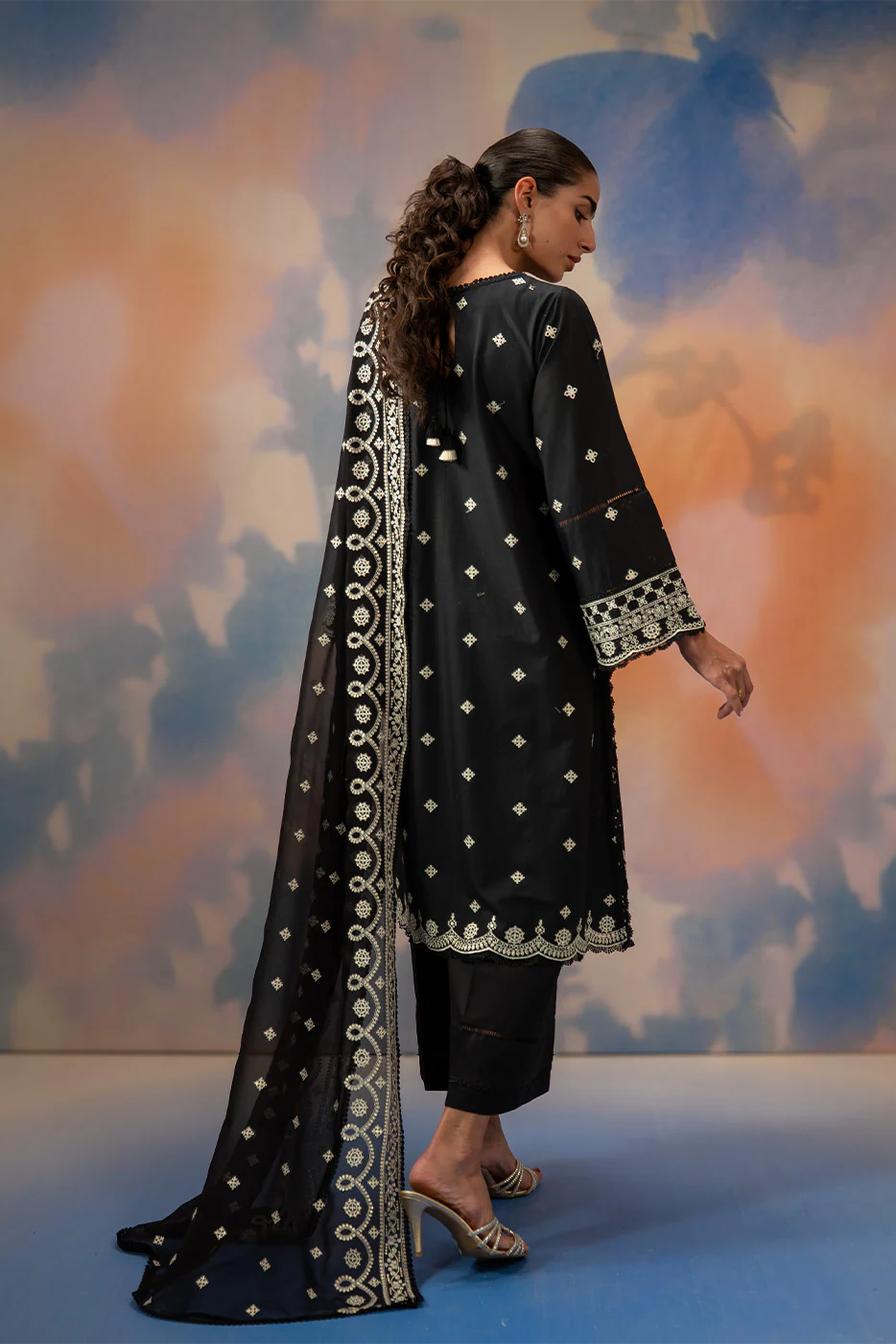 3 PIECE EMBROIDERED CHIKANKARI SUIT WITH BAMBER DUPATTA-NOIR STARLIT (UNSTITCHED) - Image 4