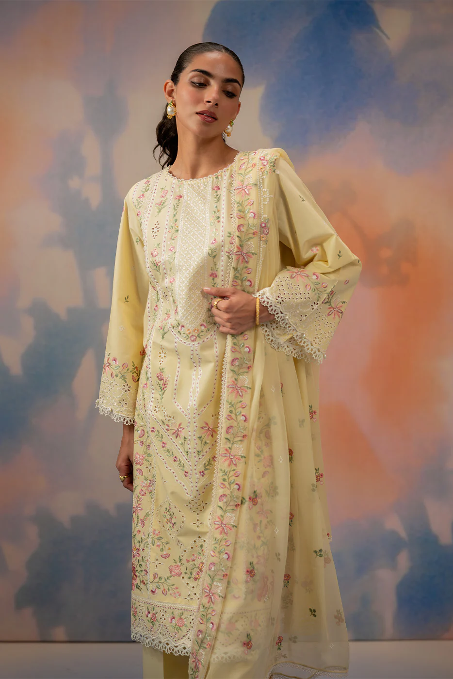 3 PIECE EMBROIDERED CHIKANKARI SUIT WITH BAMBER DUPATTA-FLORAL WHISPER (UNSTITCHED) - Image 3