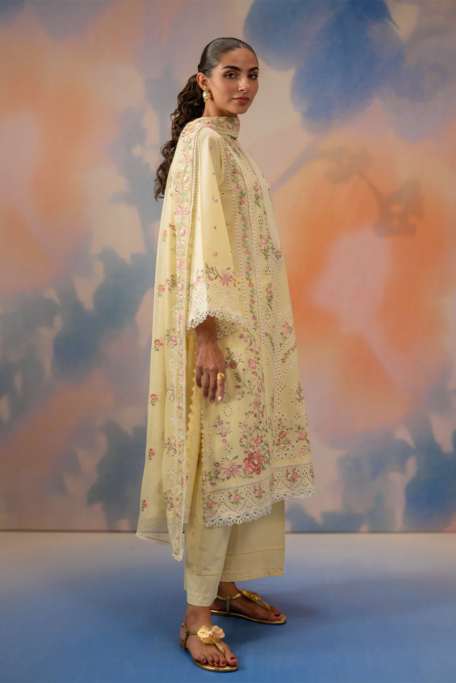 3 PIECE EMBROIDERED CHIKANKARI SUIT WITH BAMBER DUPATTA-FLORAL WHISPER (UNSTITCHED) - Image 4