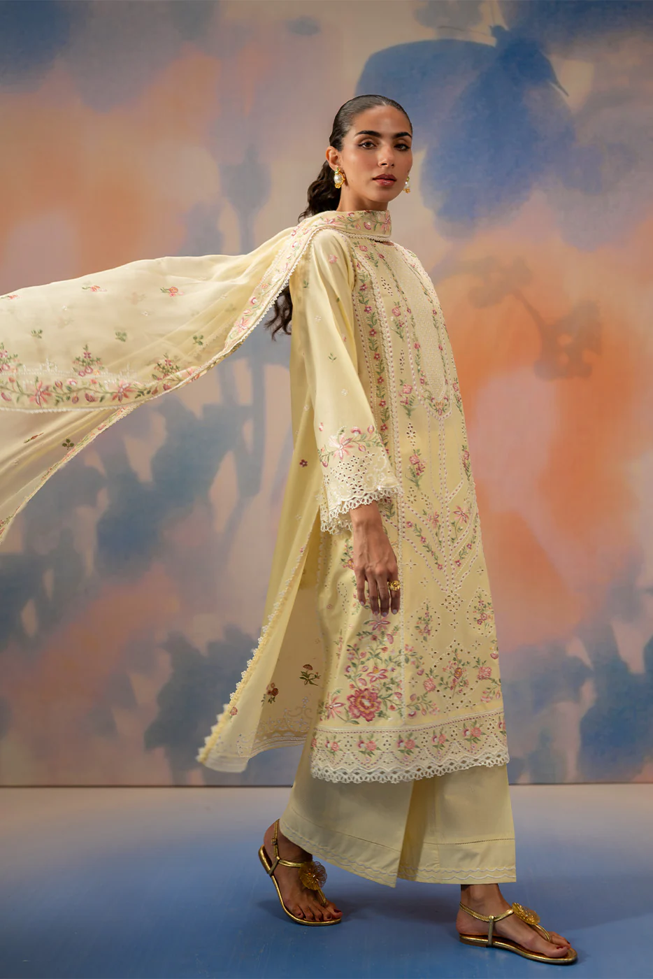 3 PIECE EMBROIDERED CHIKANKARI SUIT WITH BAMBER DUPATTA-FLORAL WHISPER (UNSTITCHED) - Image 5