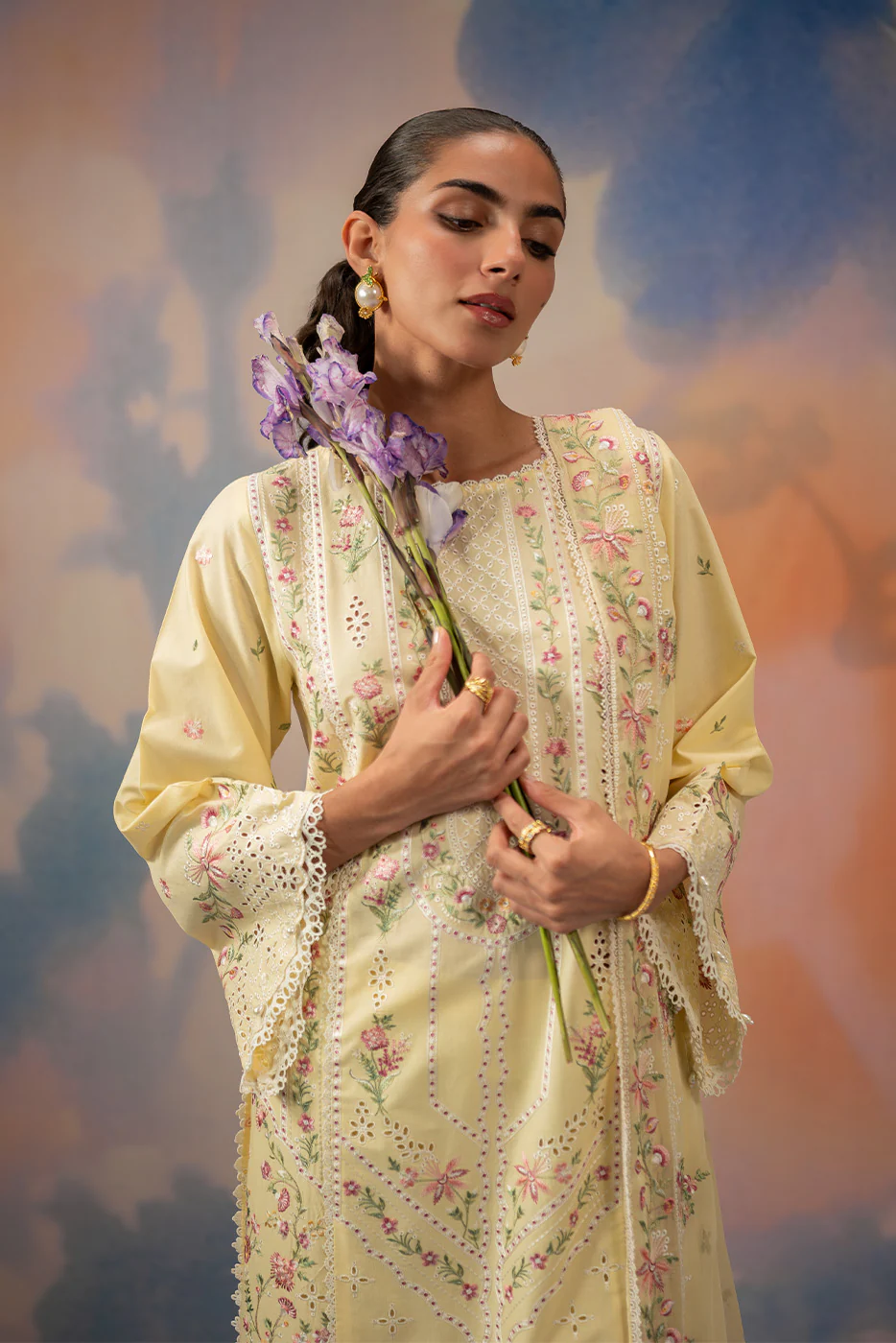 3 PIECE EMBROIDERED CHIKANKARI SUIT WITH BAMBER DUPATTA-FLORAL WHISPER (UNSTITCHED) - Image 7