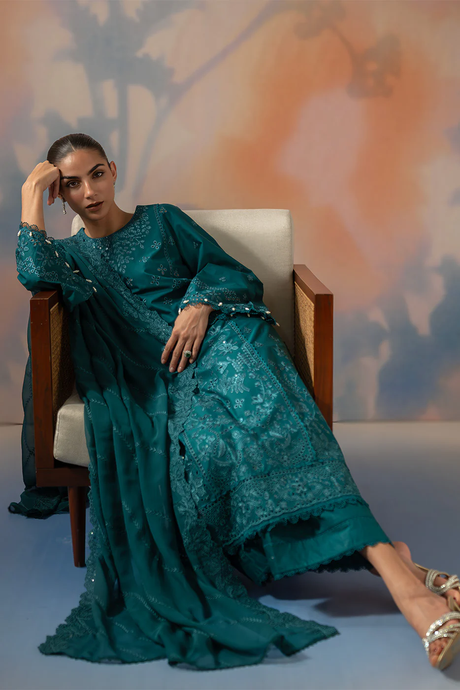 3 PIECE EMBROIDERED CHIKANKARI SUIT WITH BAMBER DUPATTA-TEAL OPULENCE (UNSTITCHED) - Image 10