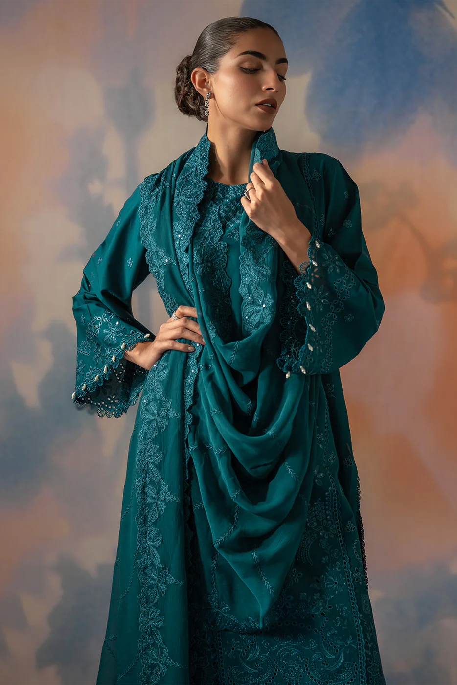 3 PIECE EMBROIDERED CHIKANKARI SUIT WITH BAMBER DUPATTA-TEAL OPULENCE (UNSTITCHED) - Image 5