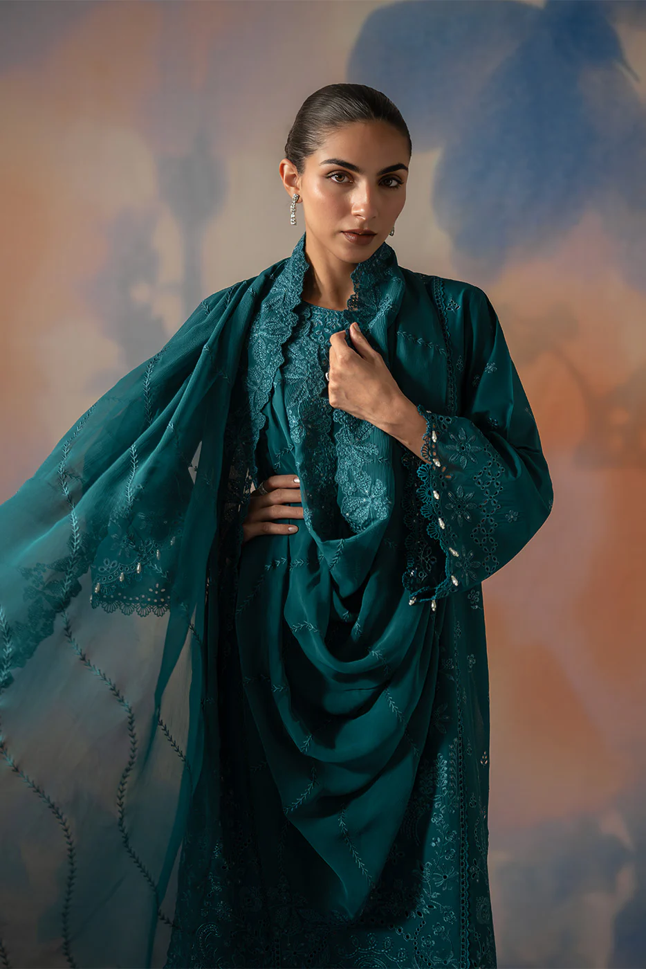 3 PIECE EMBROIDERED CHIKANKARI SUIT WITH BAMBER DUPATTA-TEAL OPULENCE (UNSTITCHED) - Image 6