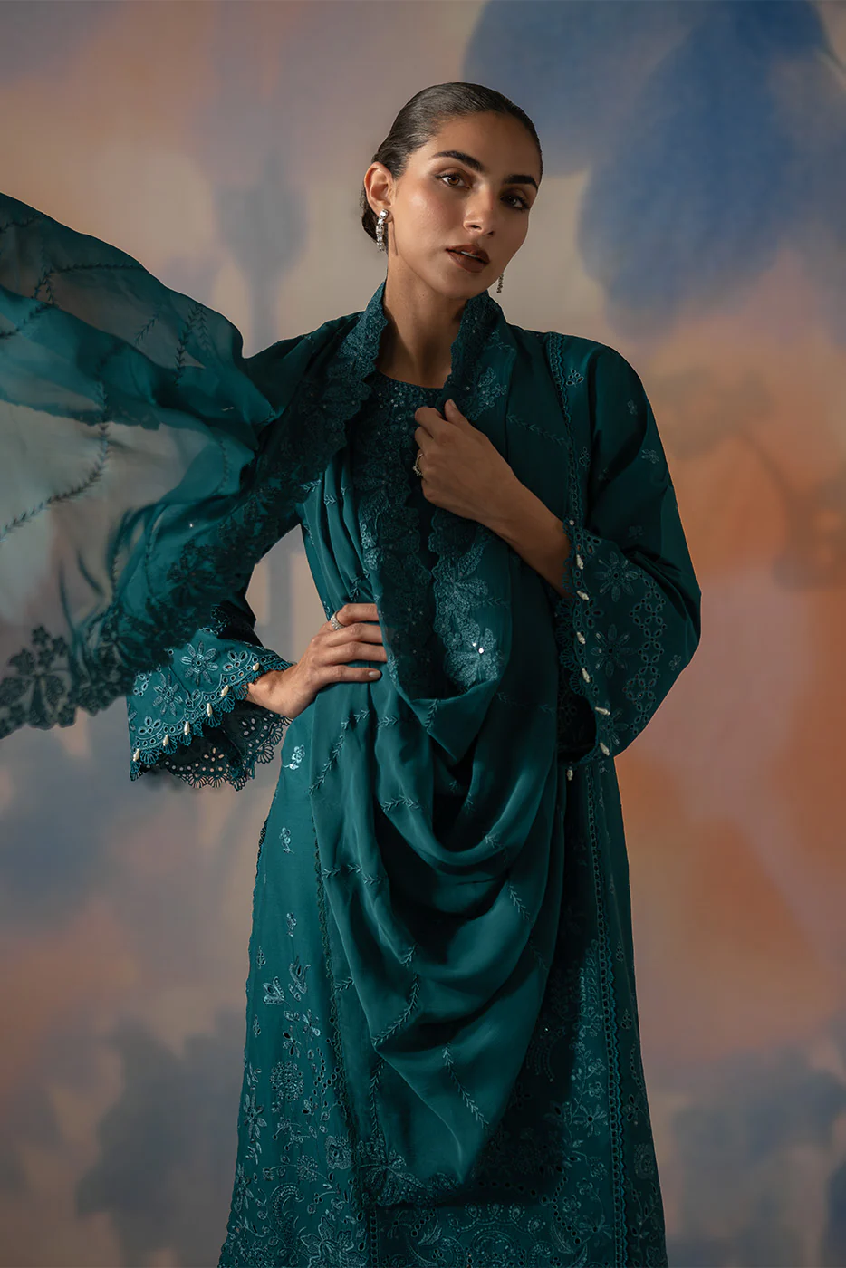 3 PIECE EMBROIDERED CHIKANKARI SUIT WITH BAMBER DUPATTA-TEAL OPULENCE (UNSTITCHED) - Image 7