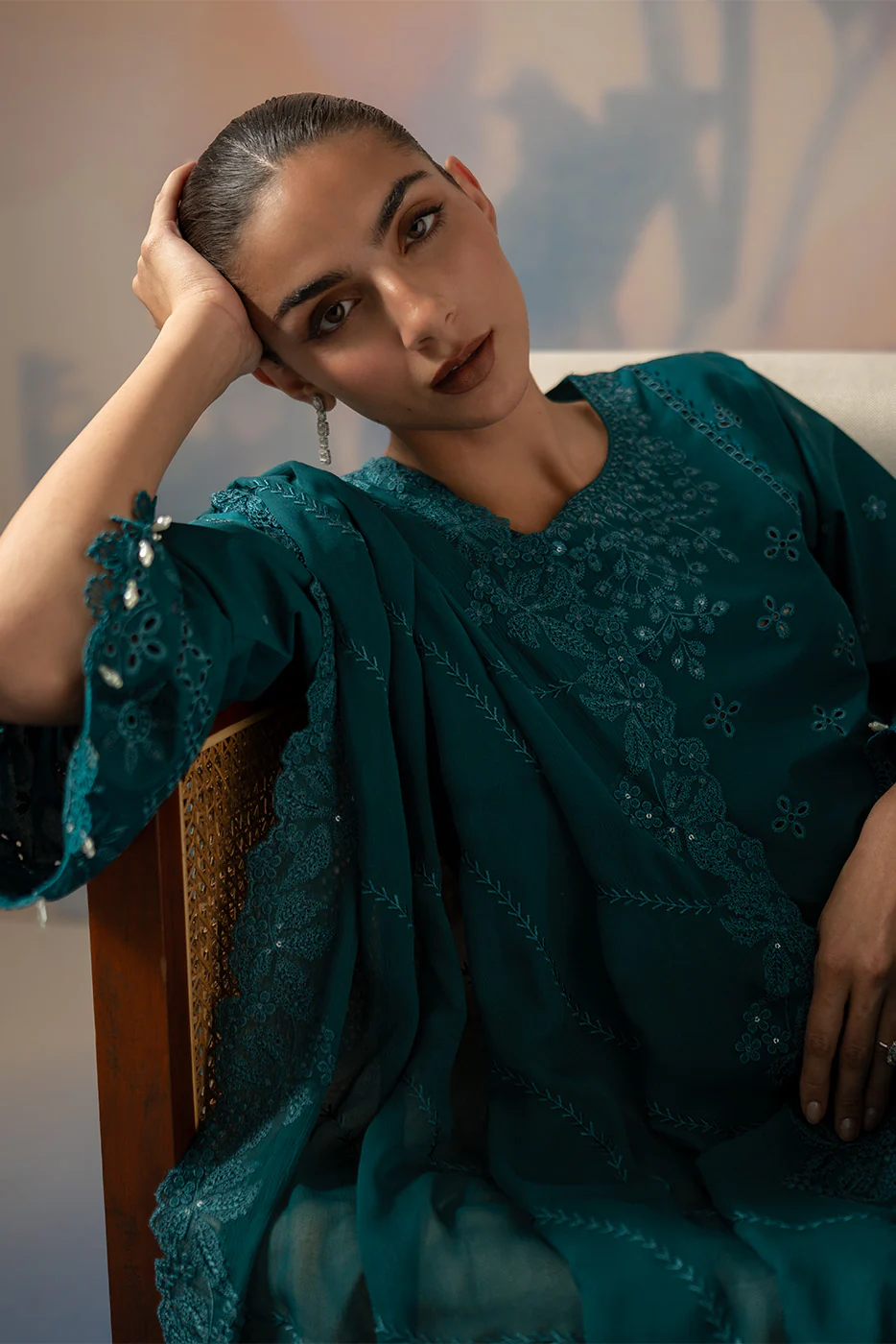3 PIECE EMBROIDERED CHIKANKARI SUIT WITH BAMBER DUPATTA-TEAL OPULENCE (UNSTITCHED) - Image 9