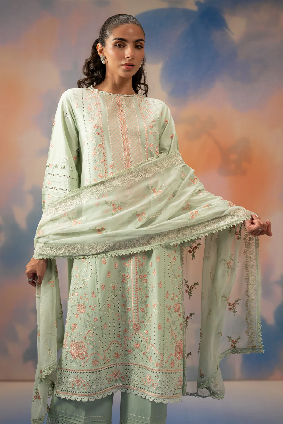 3 PIECE EMBROIDERED CHIKANKARI SUIT WITH BAMBER DUPATTA-MINT HALO (UNSTITCHED) - Image 4