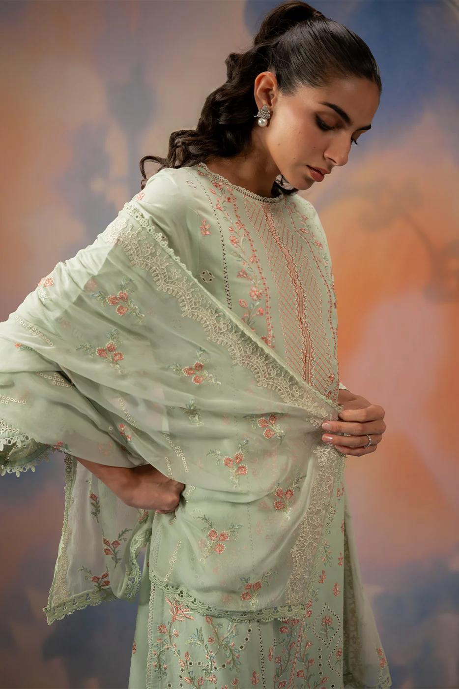 3 PIECE EMBROIDERED CHIKANKARI SUIT WITH BAMBER DUPATTA-MINT HALO (UNSTITCHED) - Image 5