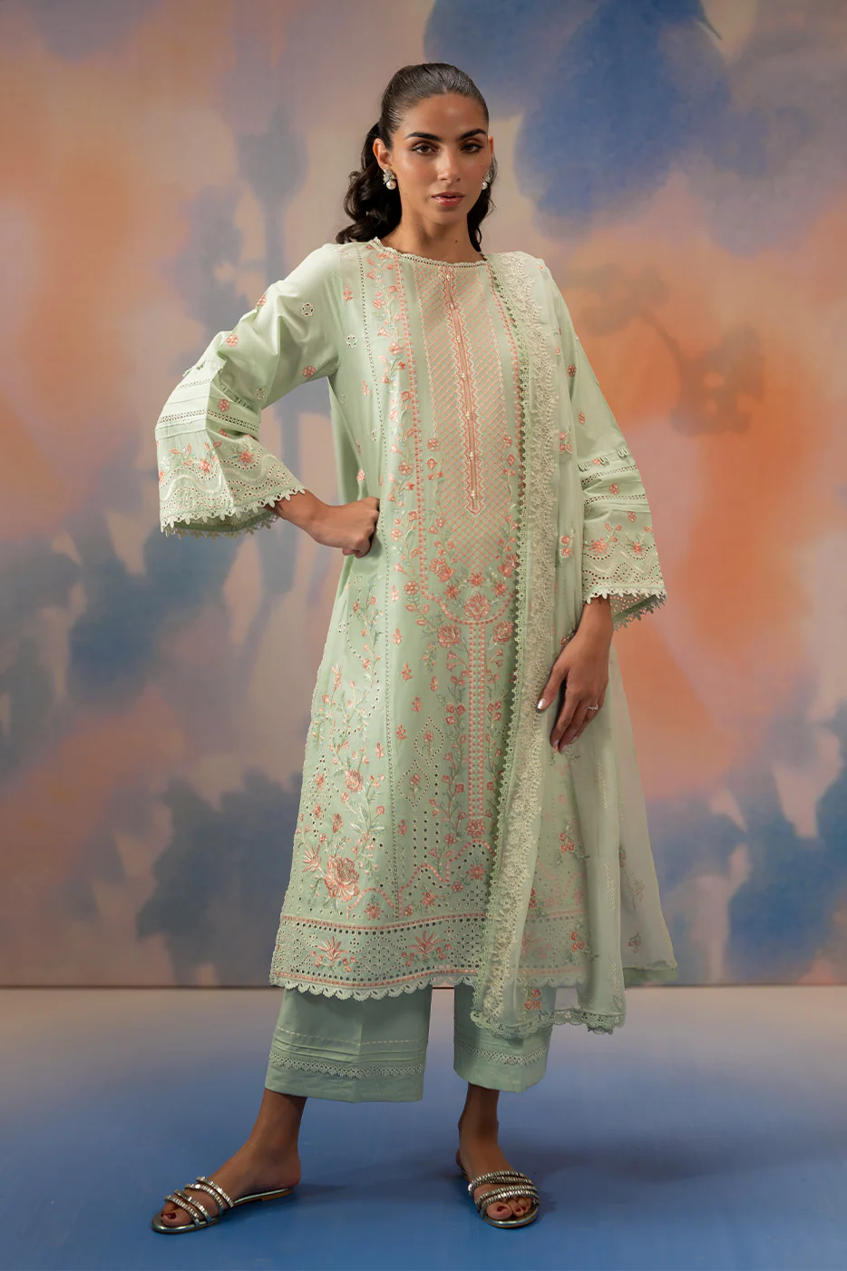 3 PIECE EMBROIDERED CHIKANKARI SUIT WITH BAMBER DUPATTA-MINT HALO (UNSTITCHED) - Image 7
