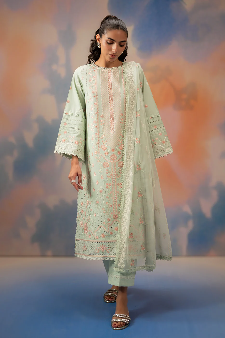 3 PIECE EMBROIDERED CHIKANKARI SUIT WITH BAMBER DUPATTA-MINT HALO (UNSTITCHED) - Image 8