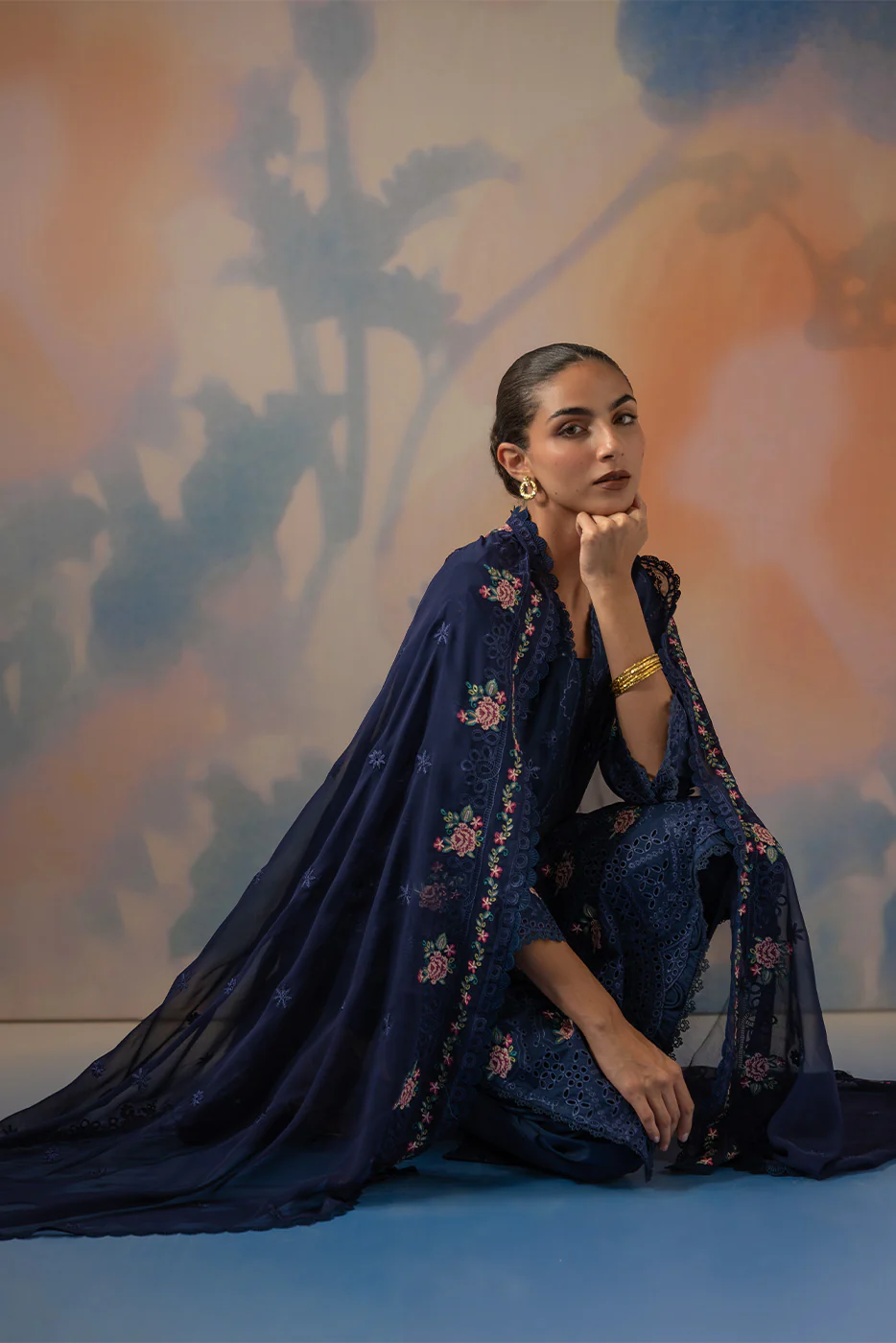 3 PIECE EMBROIDERED CHIKANKARI SUIT WITH BAMBER DUPATTA-COSMIC SAPPHIRE (UNSTITCHED) - Image 4