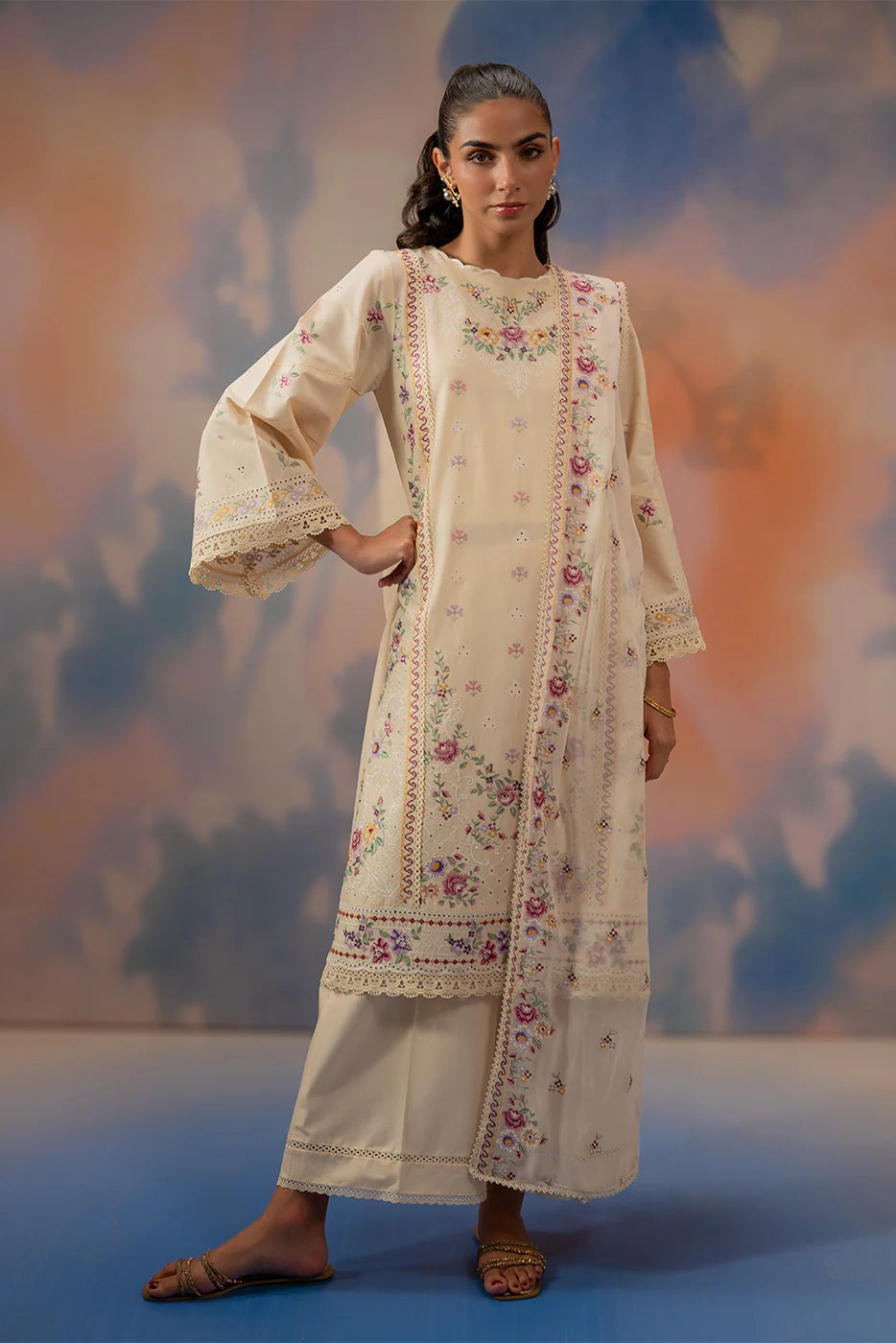 3 PIECE EMBROIDERED CHIKANKARI SUIT WITH BAMBER DUPATTA-BEIGE ATELIER (UNSTITCHED) - Image 3