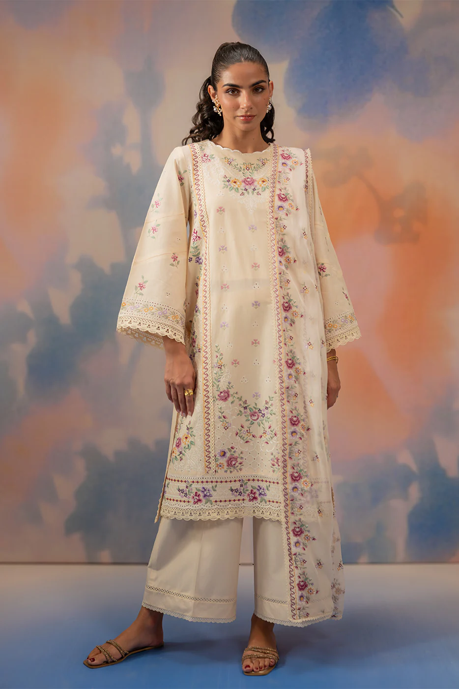 3 PIECE EMBROIDERED CHIKANKARI SUIT WITH BAMBER DUPATTA-BEIGE ATELIER (UNSTITCHED) - Image 4