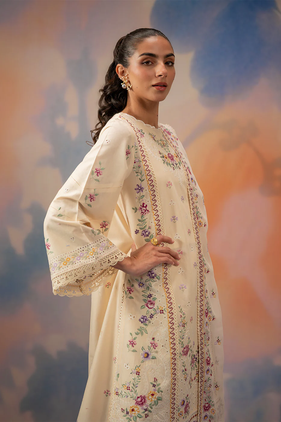 3 PIECE EMBROIDERED CHIKANKARI SUIT WITH BAMBER DUPATTA-BEIGE ATELIER (UNSTITCHED) - Image 5