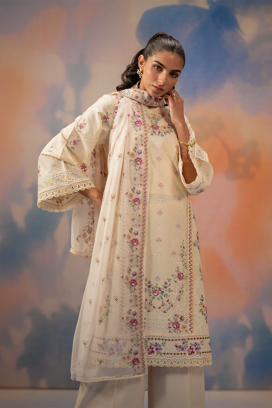 3 PIECE EMBROIDERED CHIKANKARI SUIT WITH BAMBER DUPATTA-BEIGE ATELIER (UNSTITCHED) - Image 7
