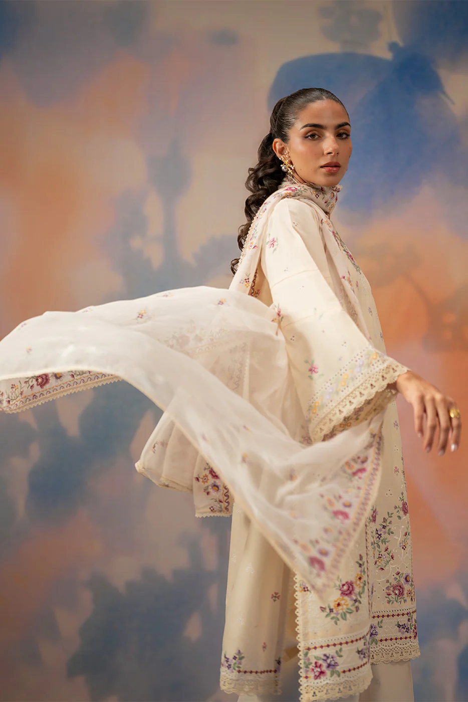 3 PIECE EMBROIDERED CHIKANKARI SUIT WITH BAMBER DUPATTA-BEIGE ATELIER (UNSTITCHED) - Image 8