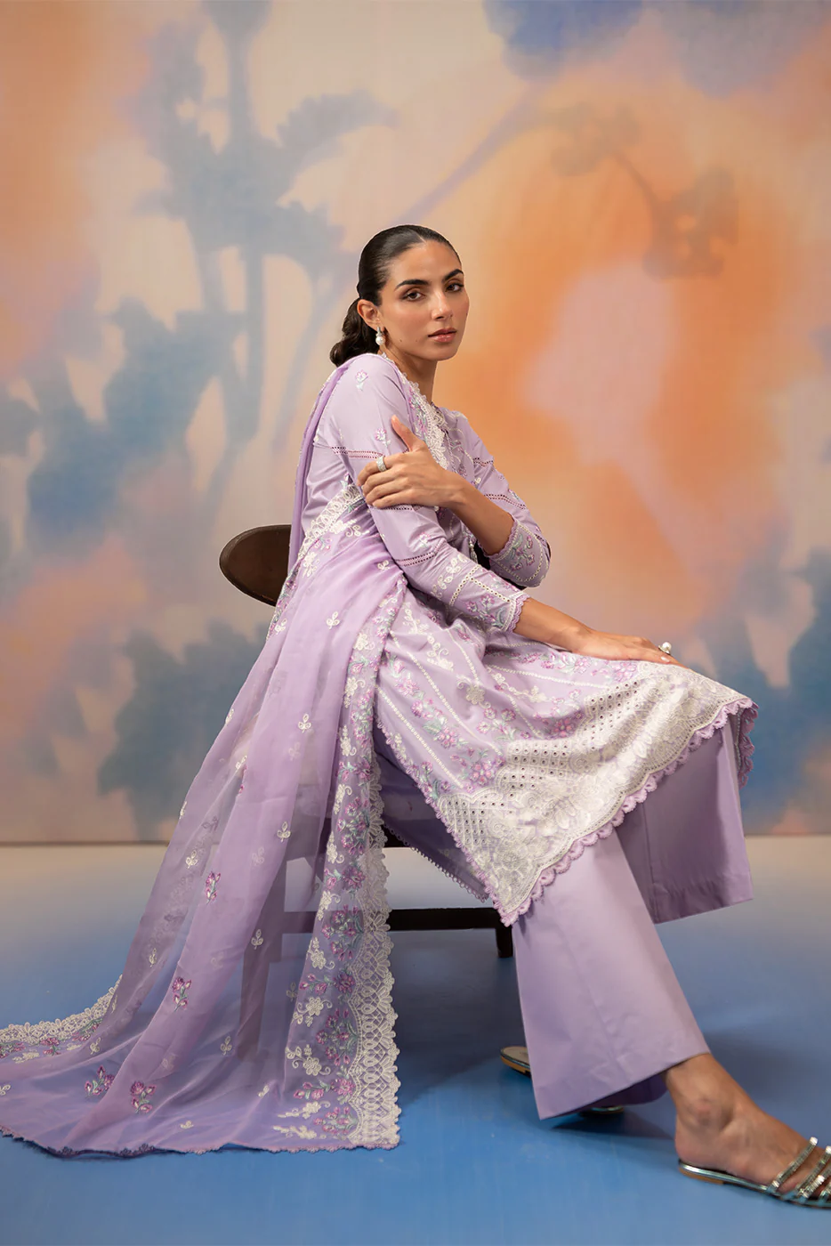 3 PIECE EMBROIDERED CHIKANKARI SUIT WITH BAMBER DUPATTA-LAVENDER LUXE (UNSTITCHED) - Image 6