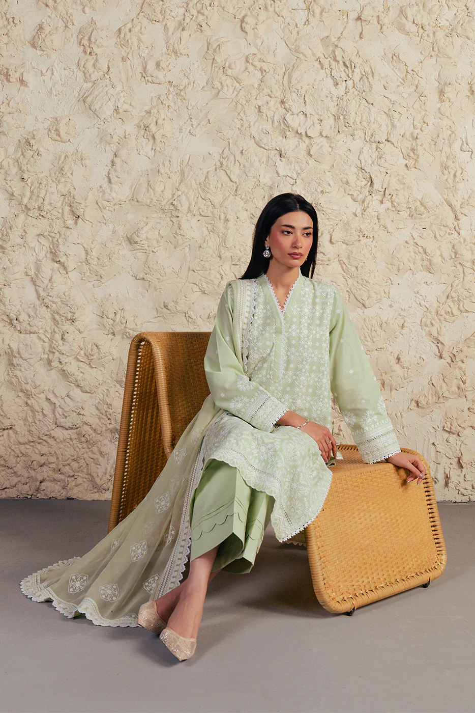 3 PIECE EMBROIDERED LAWN SUIT WITH BAMBER CHIFFON DUPATTA-MINT FROST (UNSTITCHED) - Image 2