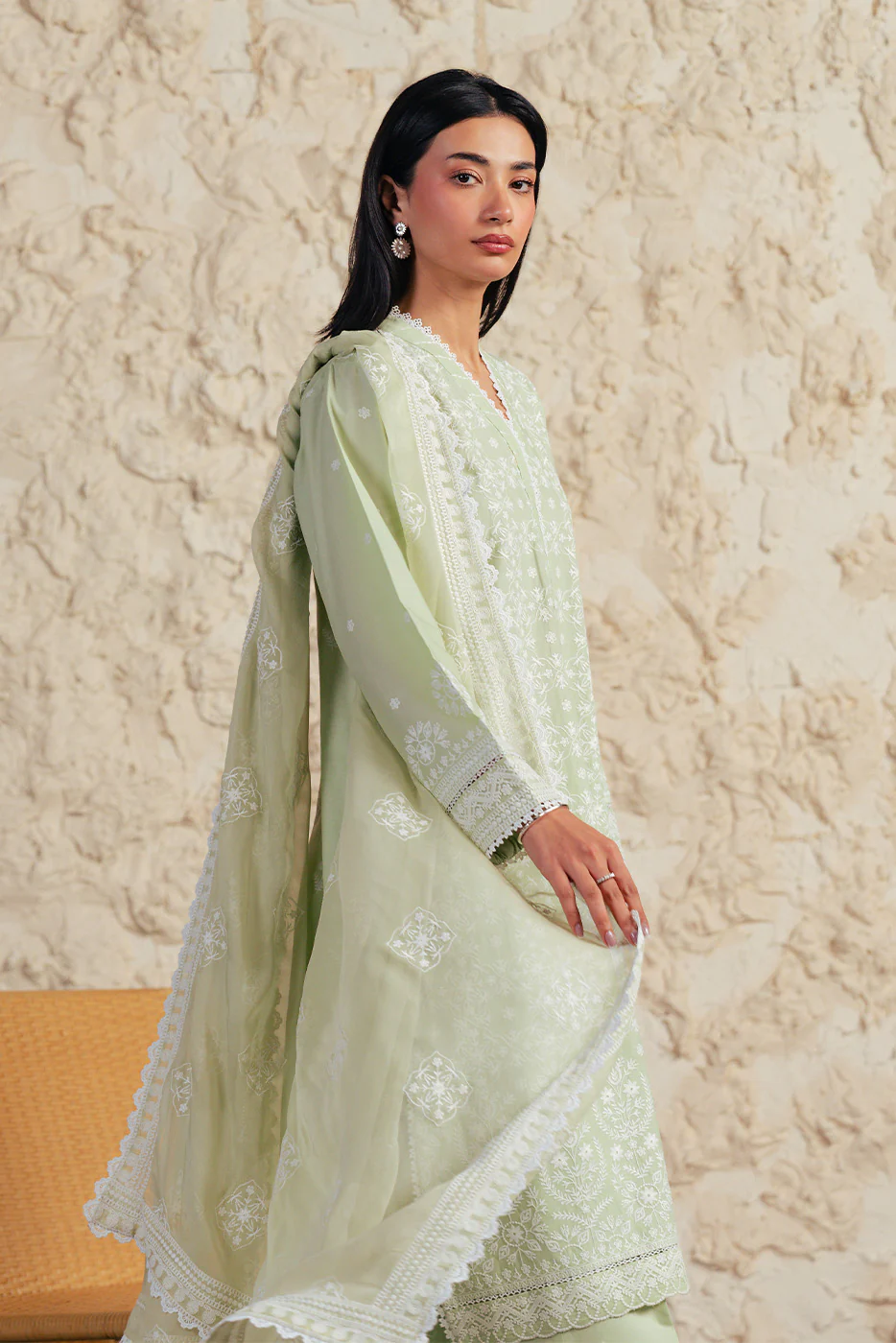 3 PIECE EMBROIDERED LAWN SUIT WITH BAMBER CHIFFON DUPATTA-MINT FROST (UNSTITCHED) - Image 5