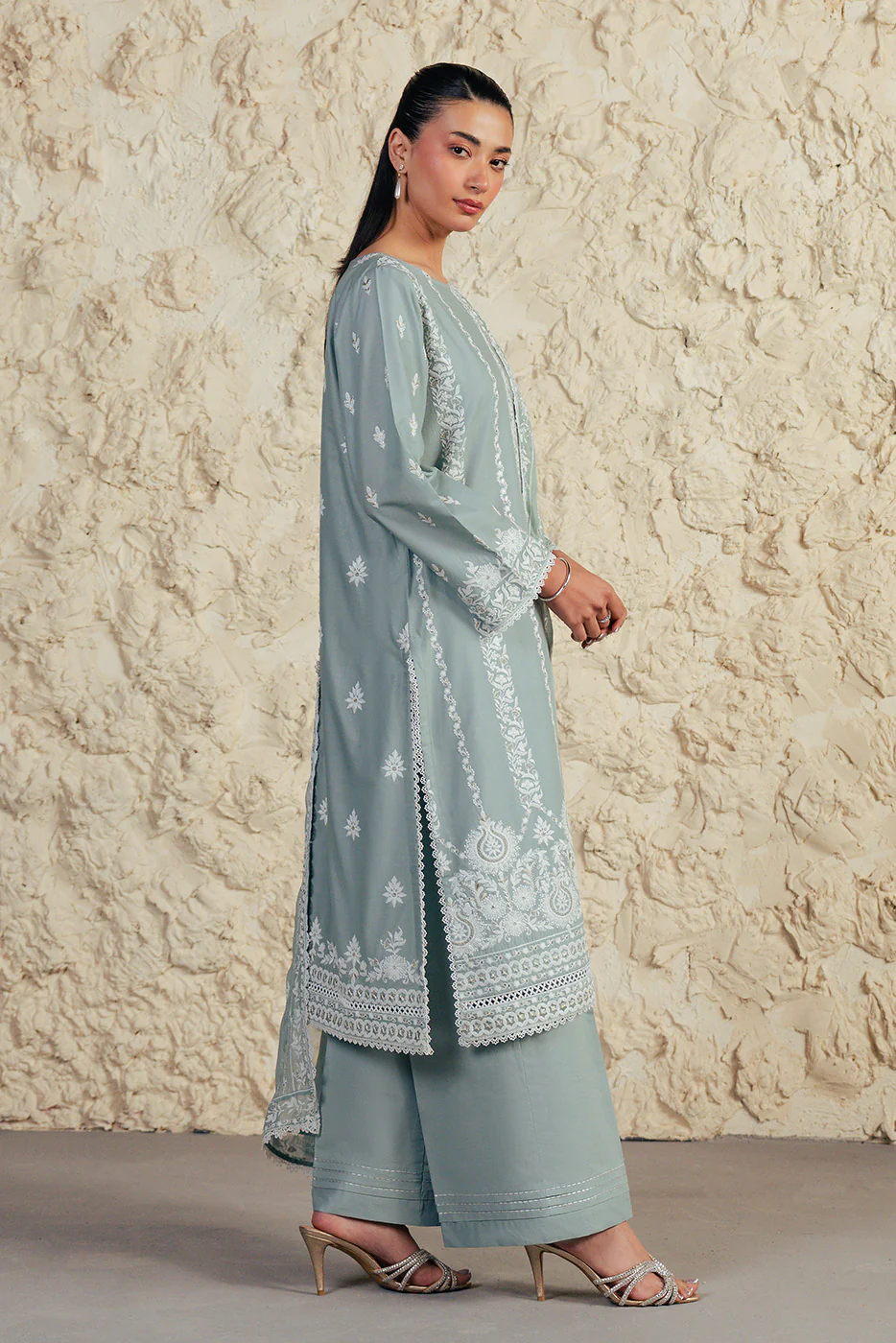 3 PIECE EMBROIDERED LAWN SUIT WITH BAMBER CHIFFON DUPATTA-MISTY JADE (UNSTITCHED) - Image 4