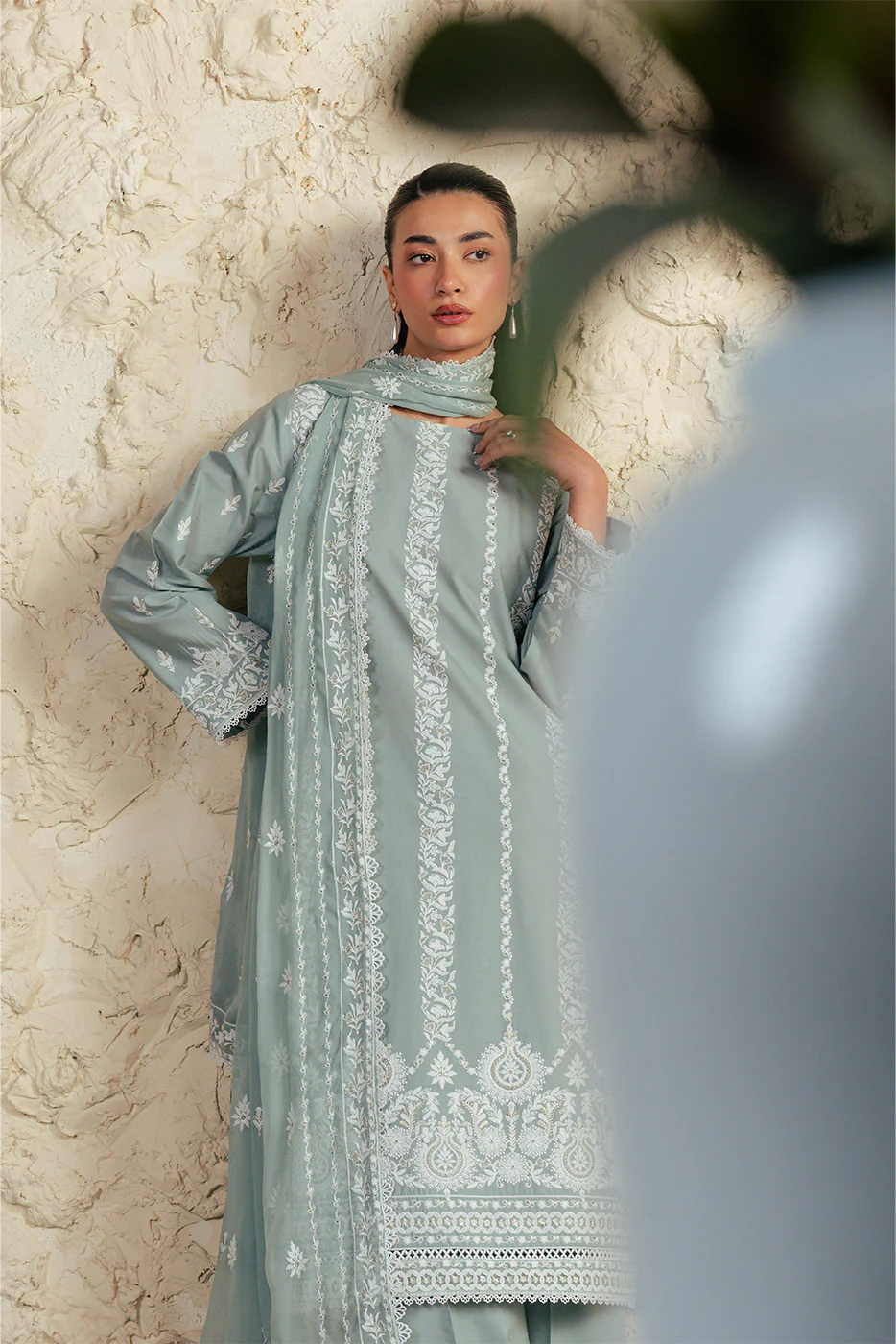3 PIECE EMBROIDERED LAWN SUIT WITH BAMBER CHIFFON DUPATTA-MISTY JADE (UNSTITCHED) - Image 5