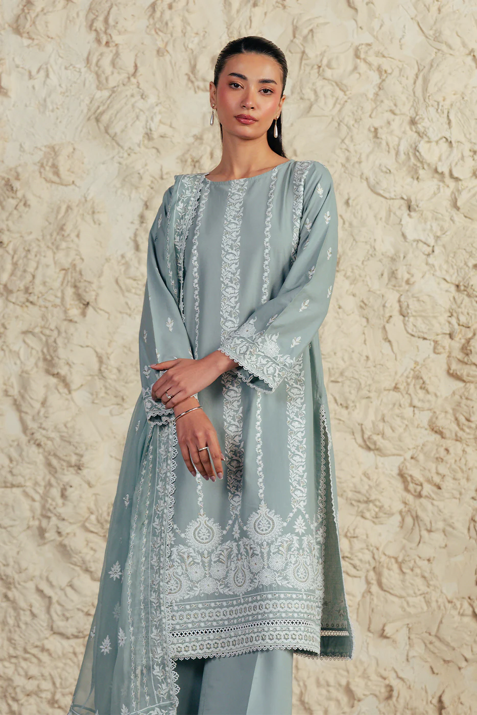 3 PIECE EMBROIDERED LAWN SUIT WITH BAMBER CHIFFON DUPATTA-MISTY JADE (UNSTITCHED) - Image 6