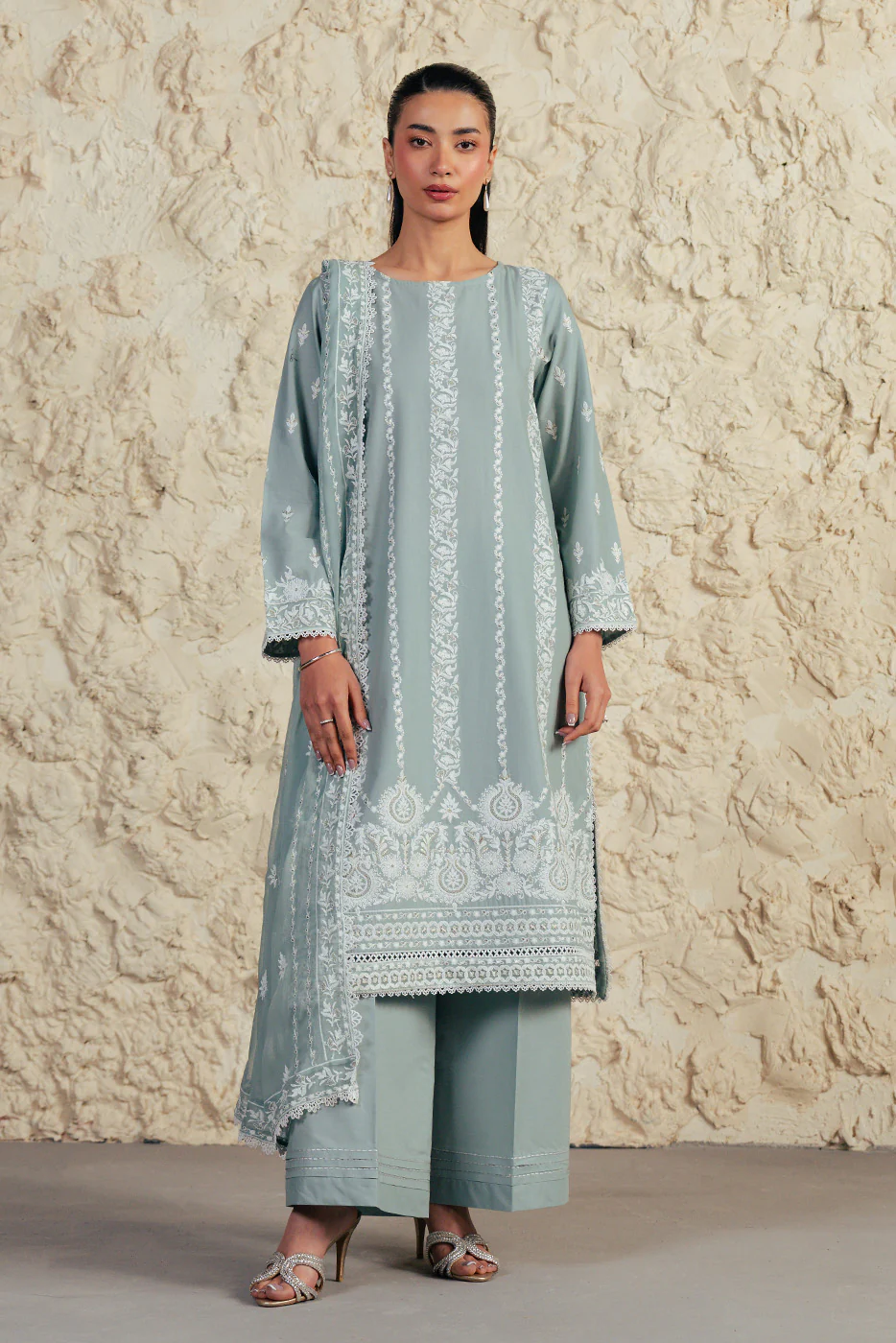 3 PIECE EMBROIDERED LAWN SUIT WITH BAMBER CHIFFON DUPATTA-MISTY JADE (UNSTITCHED) - Image 9