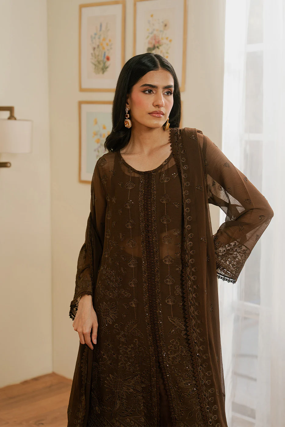 4 PIECE EMBROIDERED CHIFFON SUIT-MOCHA CRÈME (LUXURY UNSTITCHED) - Image 2
