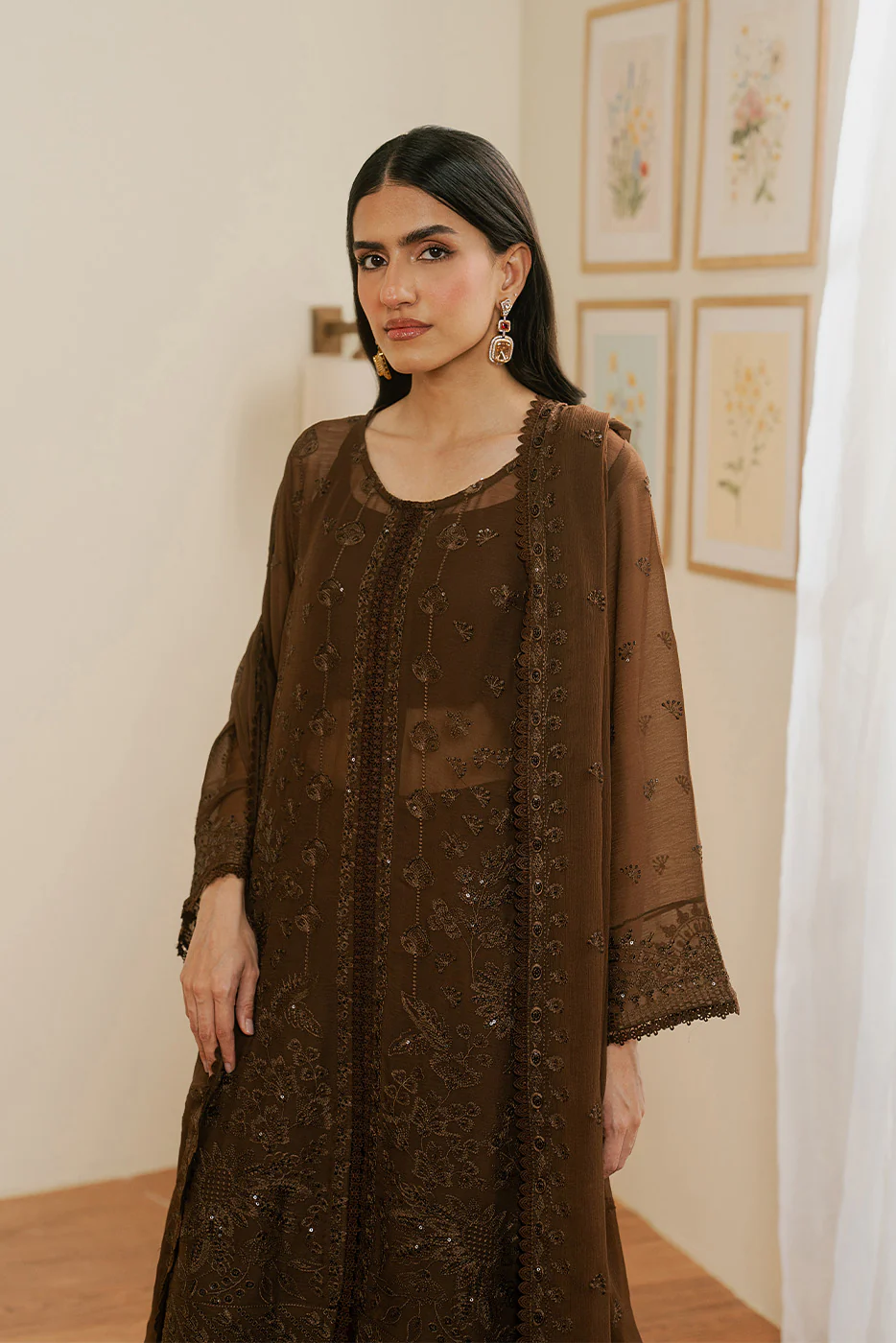4 PIECE EMBROIDERED CHIFFON SUIT-MOCHA CRÈME (LUXURY UNSTITCHED) - Image 3