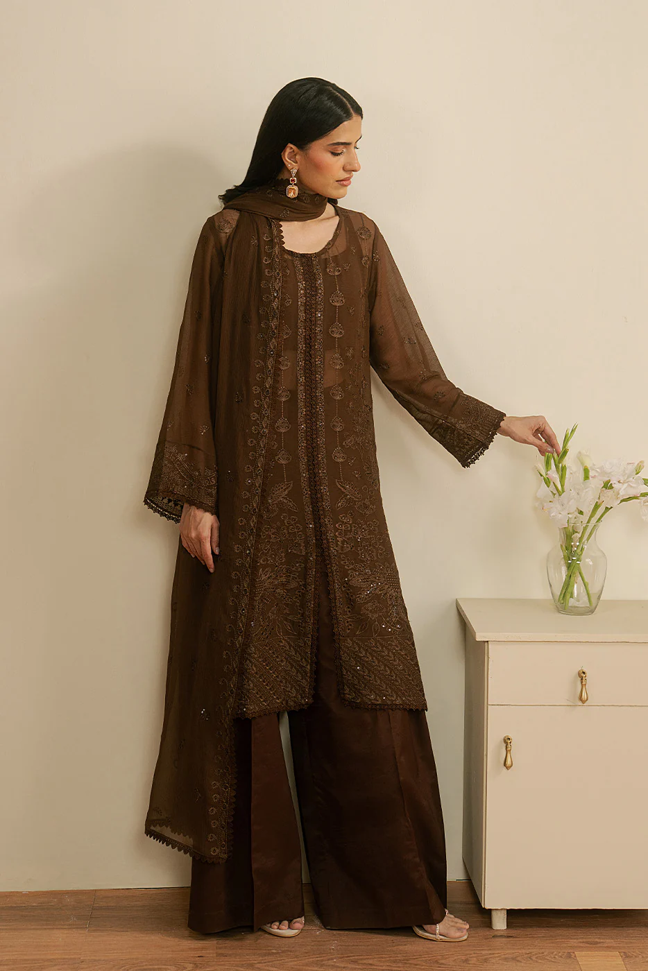 4 PIECE EMBROIDERED CHIFFON SUIT-MOCHA CRÈME (LUXURY UNSTITCHED) - Image 4